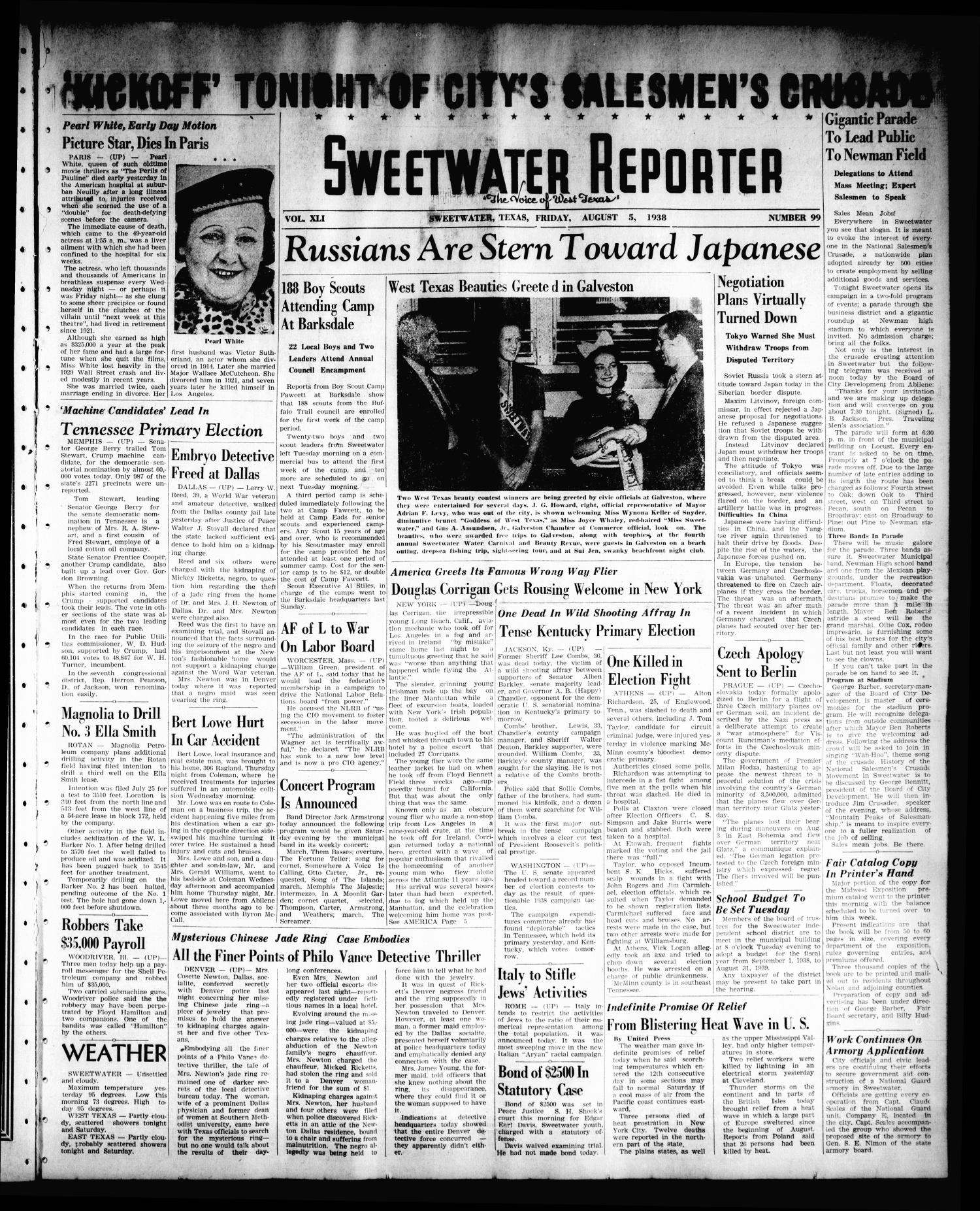 Sweetwater Reporter (Sweetwater, Tex.), Vol. 41, No. 106, Ed. 1 Friday, August 5, 1938
                                                
                                                    [Sequence #]: 1 of 8
                                                