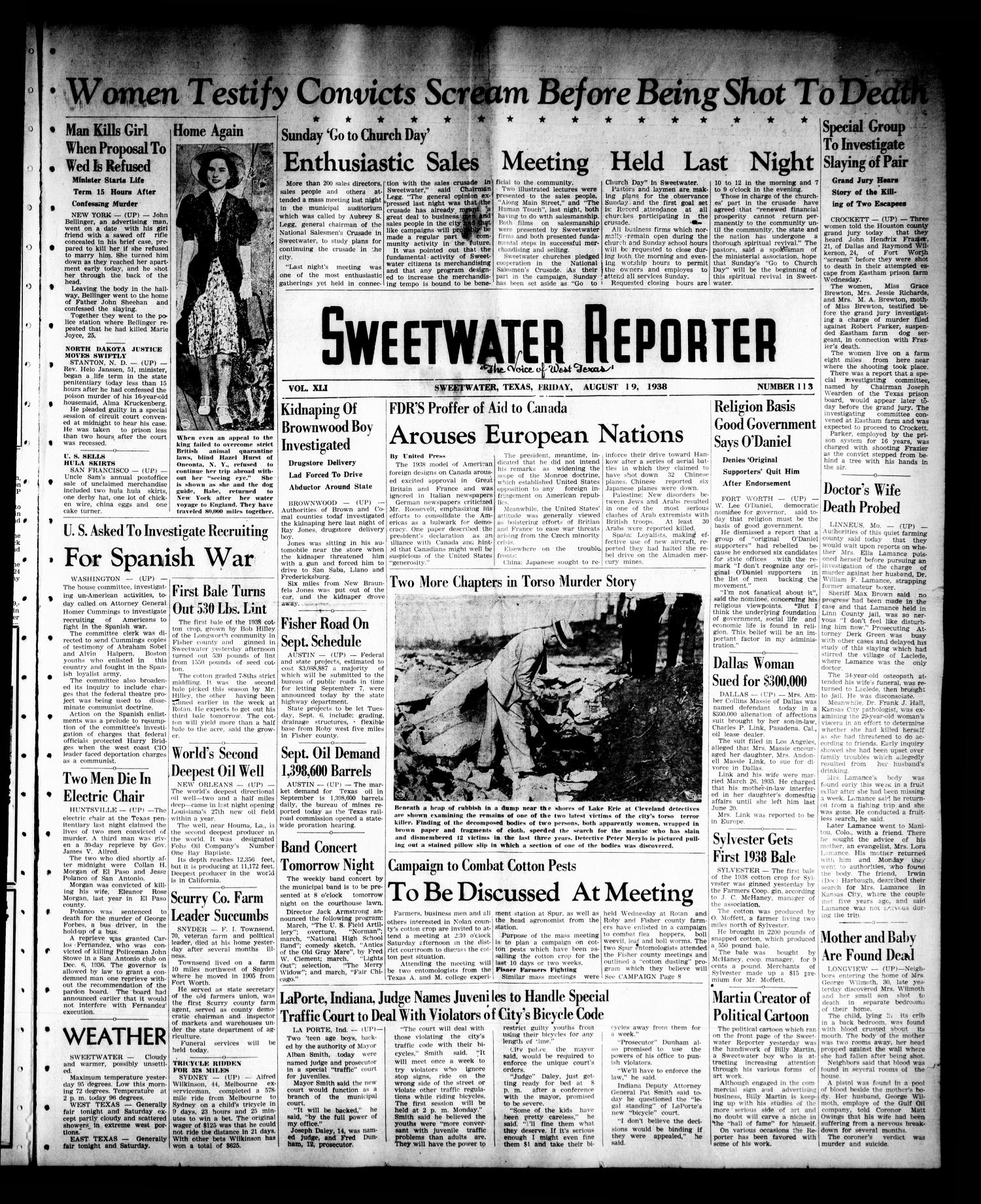 Sweetwater Reporter (Sweetwater, Tex.), Vol. 41, No. 118, Ed. 1 Friday, August 19, 1938
                                                
                                                    [Sequence #]: 1 of 8
                                                