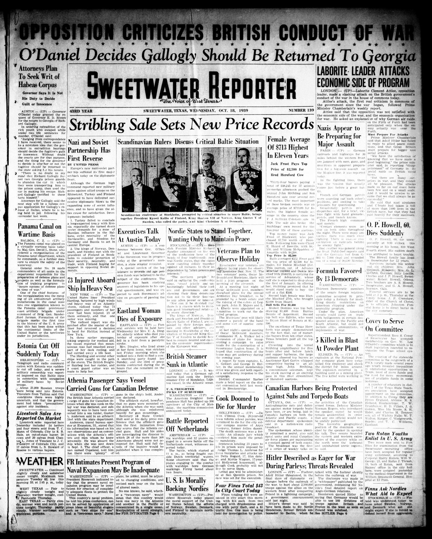 Sweetwater Reporter (Sweetwater, Tex.), Vol. 43, No. 139, Ed. 1 Wednesday, October 18, 1939
                                                
                                                    [Sequence #]: 1 of 6
                                                