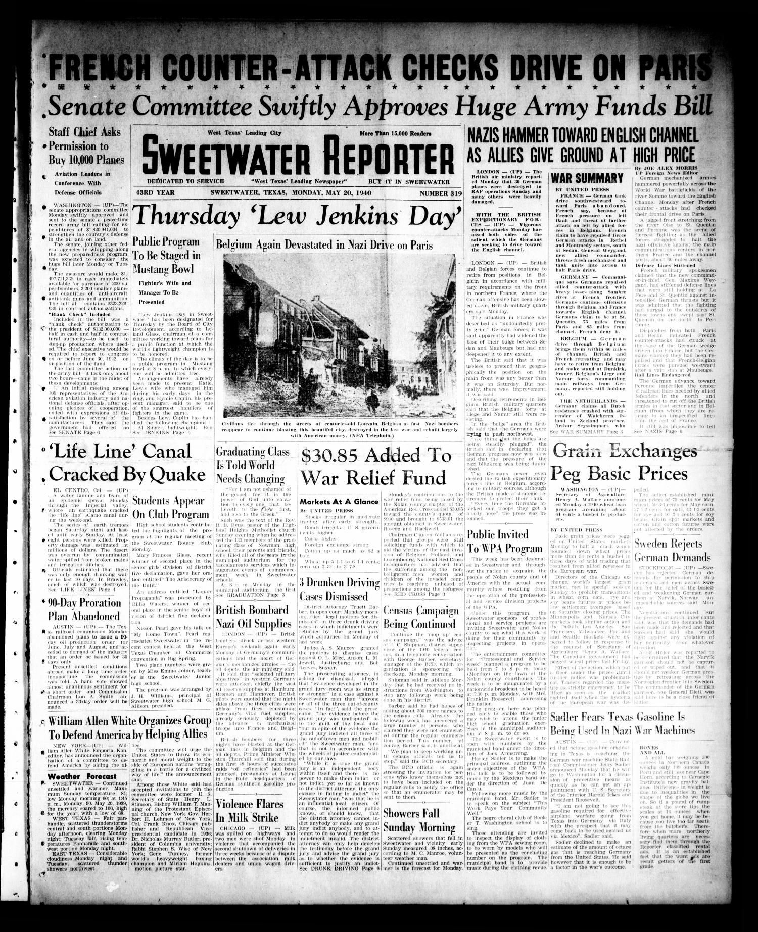 Sweetwater Reporter (Sweetwater, Tex.), Vol. 43, No. 319, Ed. 1 Monday, May 20, 1940
                                                
                                                    [Sequence #]: 1 of 6
                                                