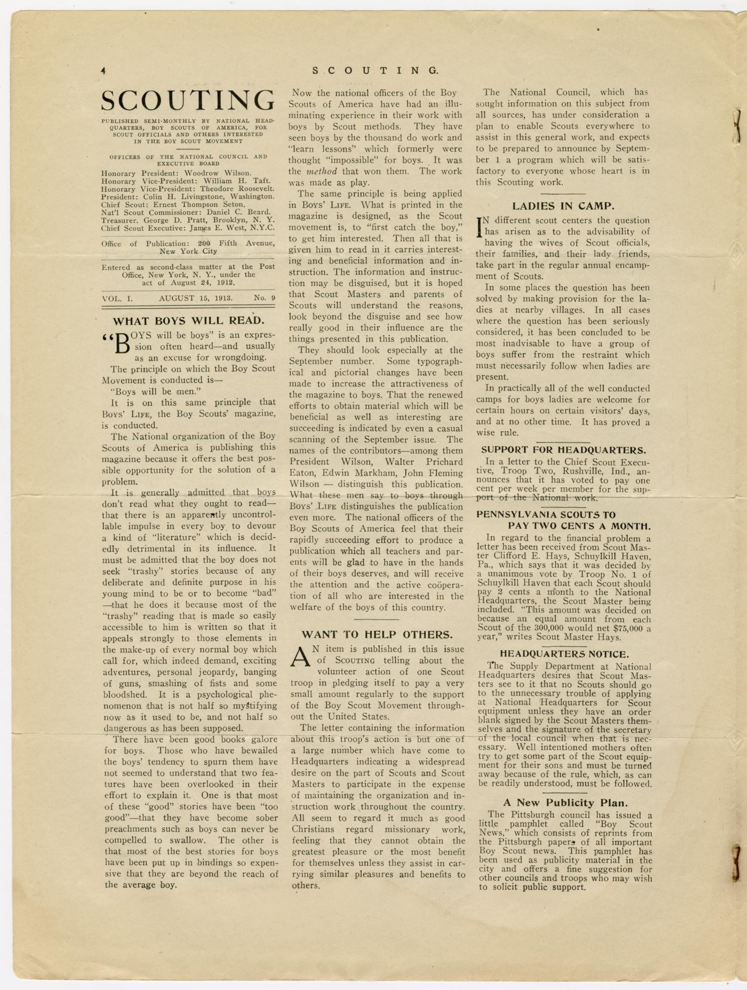 Scouting, Volume 1, Number 9, August 15, 1913
                                                
                                                    4
                                                