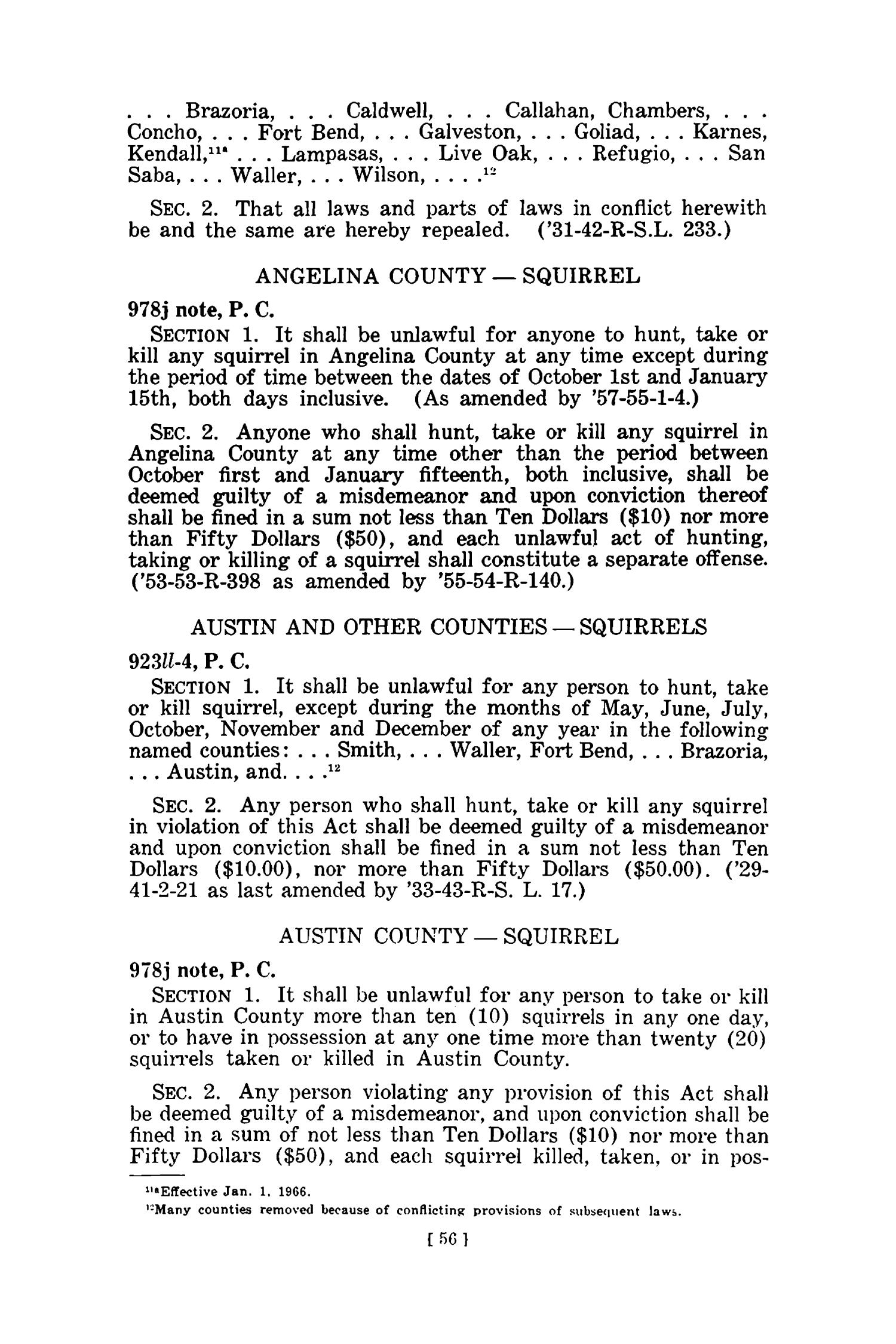 Full Text of the Game, Fish and Fur Laws of Texas with citations of Park Laws, 1965
                                                
                                                    56
                                                