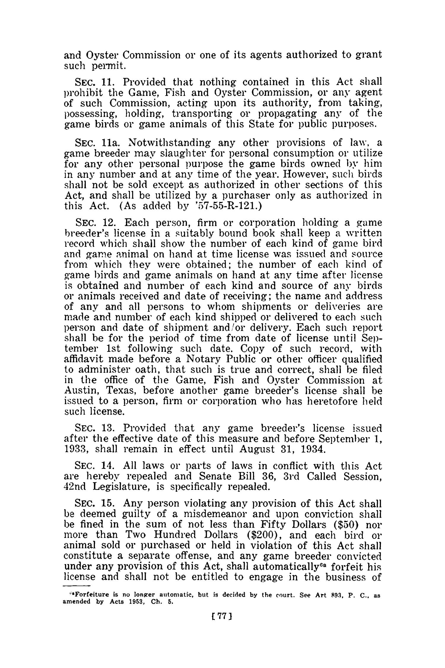 Full Text of the Game, Fish and Fur Laws of Texas with citations of Park Laws, 1965
                                                
                                                    77
                                                