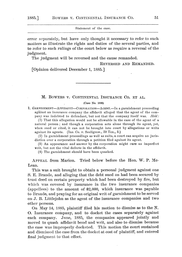 Cases argued and decided in the Supreme Court of the State of Texas, during the latter part of the Tyler term, 1885, and the Galveston term, 1886.  Volume 65.
                                                
                                                    51
                                                
