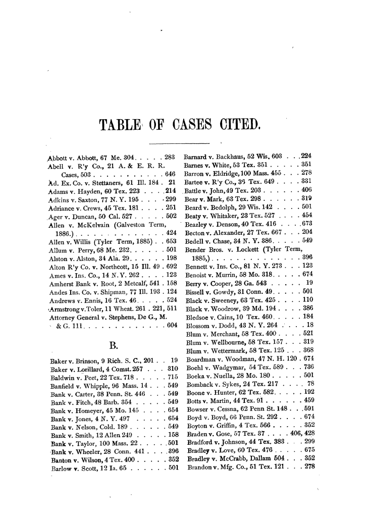 Cases argued and decided in the Supreme Court of the State of Texas, during the latter part of the Tyler term, 1885, and the Galveston term, 1886.  Volume 65.
                                                
                                                    XIII
                                                
