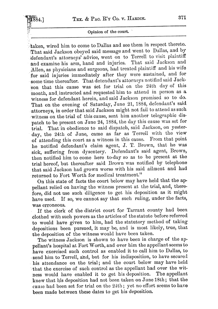 Cases argued and decided in the Supreme Court of the State of Texas, during the latter part of the Austin term, 1884, and the Tyler term, 1884.  Volume 62.
                                                
                                                    371
                                                