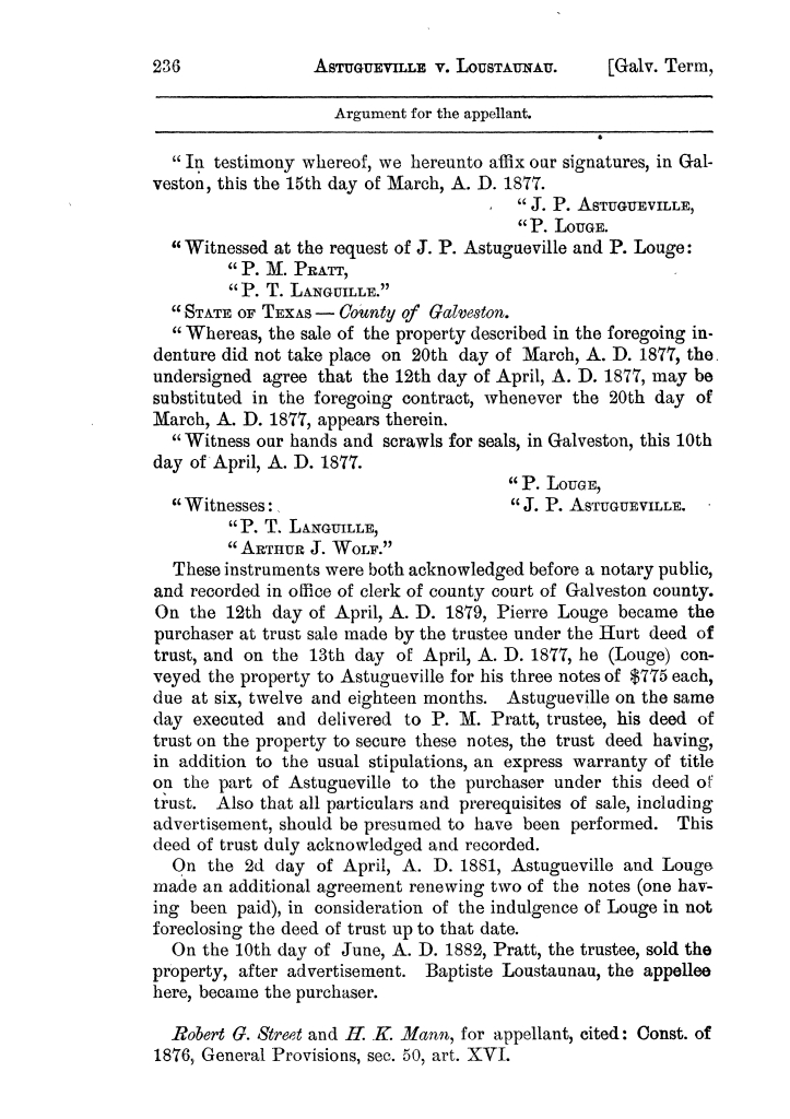 Cases argued and decided in the Supreme Court of the State of Texas, during the latter part of the Galveston term, 1884, and embracing the greater part of the Austin term, 1884.  Volume 61.
                                                
                                                    236
                                                