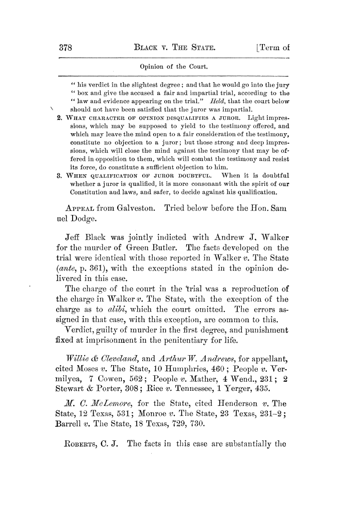 Cases argued and decided in the Supreme Court of Texas, during the latter part of the Tyler term, 1874, and the first part of the Galveston term, 1875.  Volume 42.
                                                
                                                    378
                                                