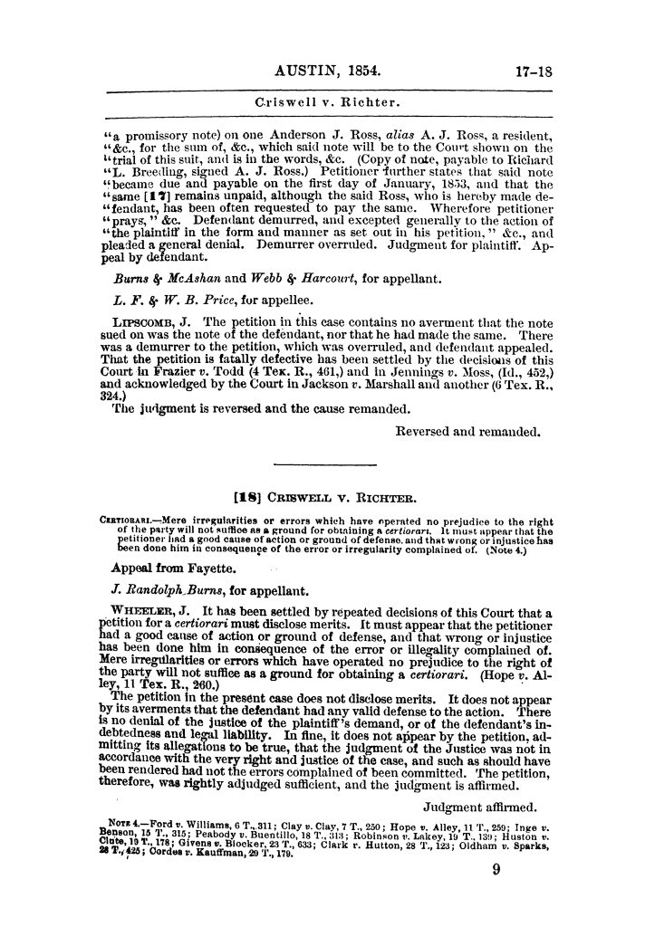 Reports of cases argued and decided in the Supreme Court of the State of Texas during Austin term, 1854, and a part of Galveston term 1855.  Volume 13.
                                                
                                                    9
                                                