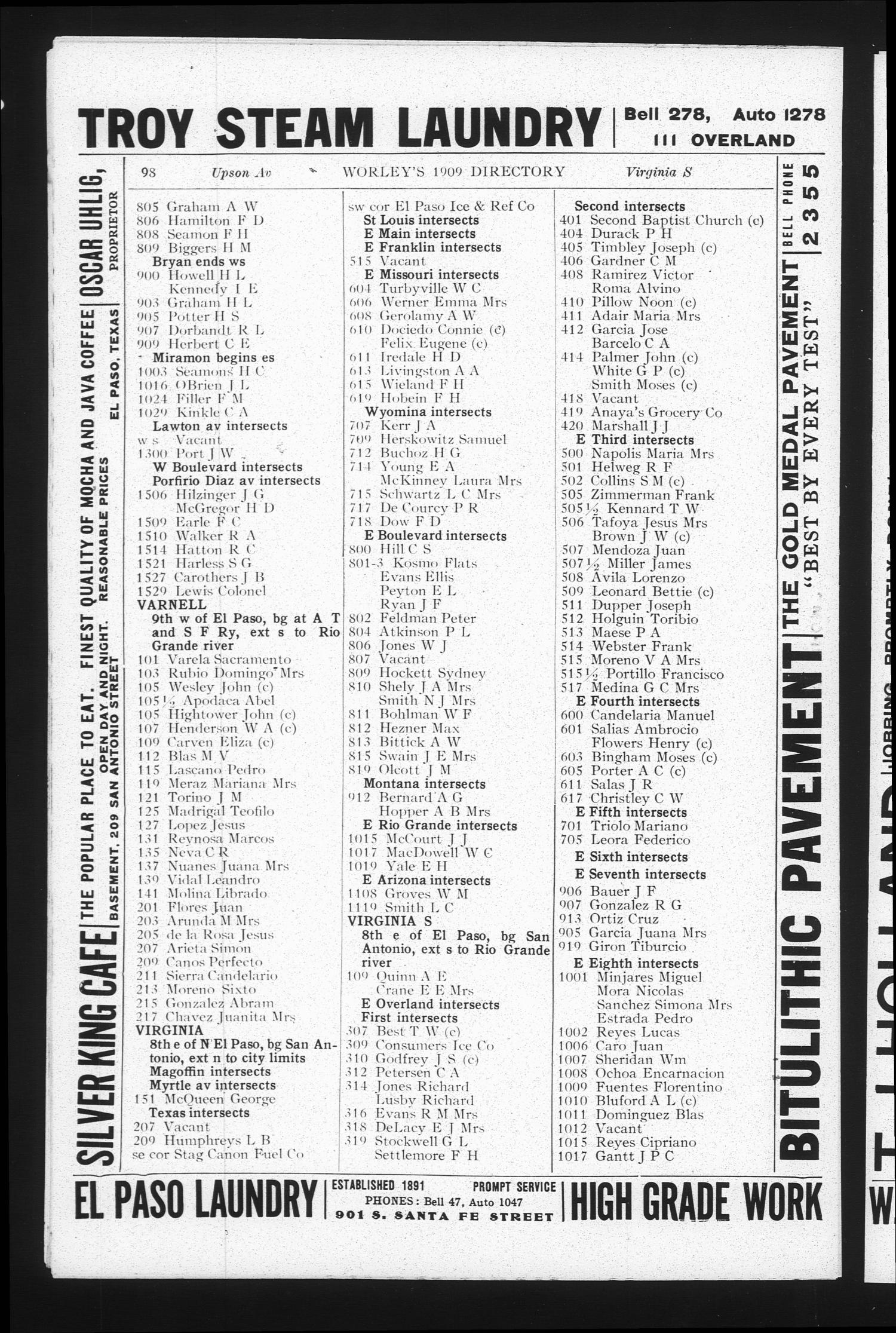 Worley's Directory of El Paso, Texas, 1909
                                                
                                                    98
                                                