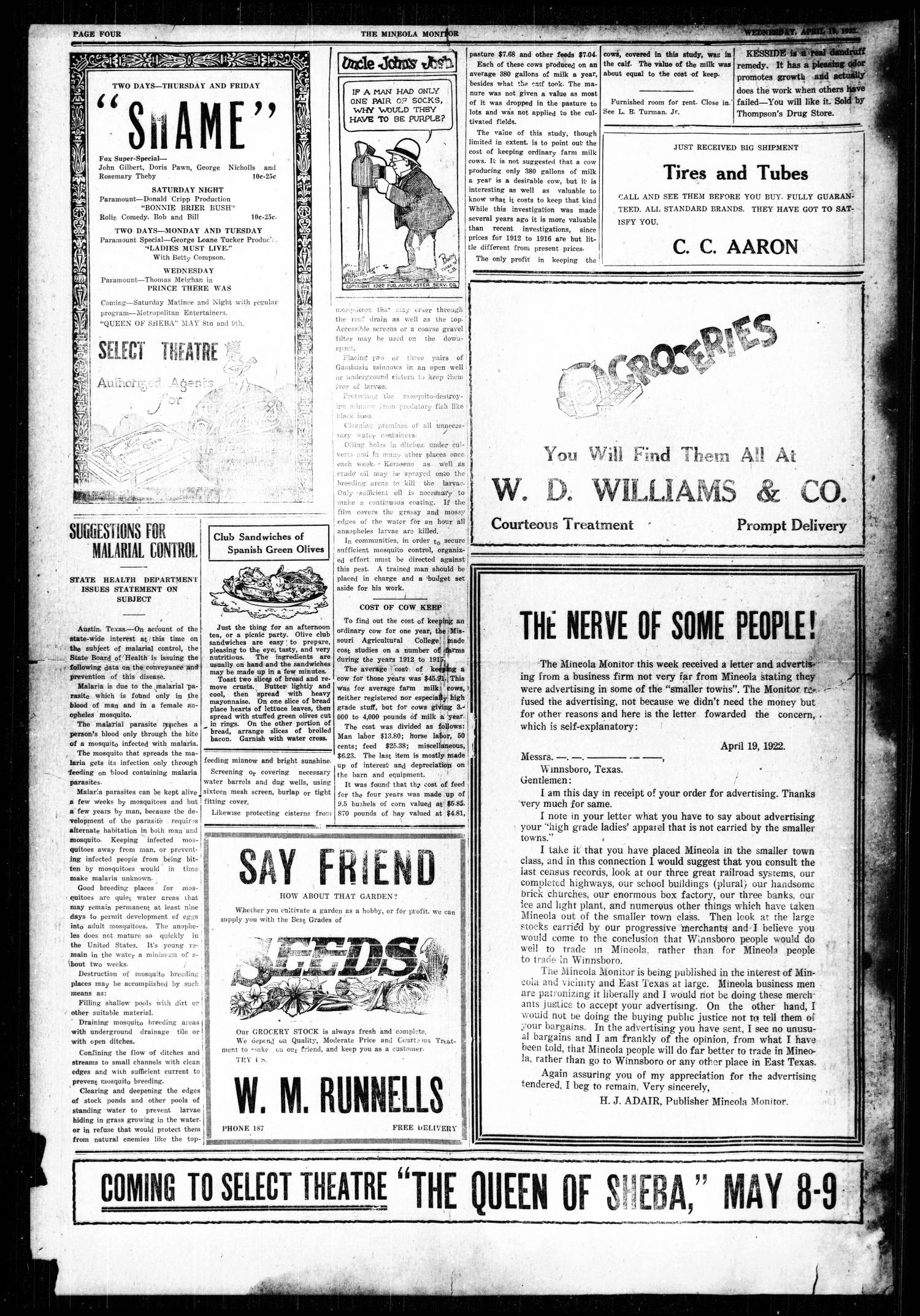 The Mineola Monitor (Mineola, Tex.), Vol. 50, No. 8, Ed. 1 Wednesday, April 19, 1922
                                                
                                                    [Sequence #]: 4 of 8
                                                