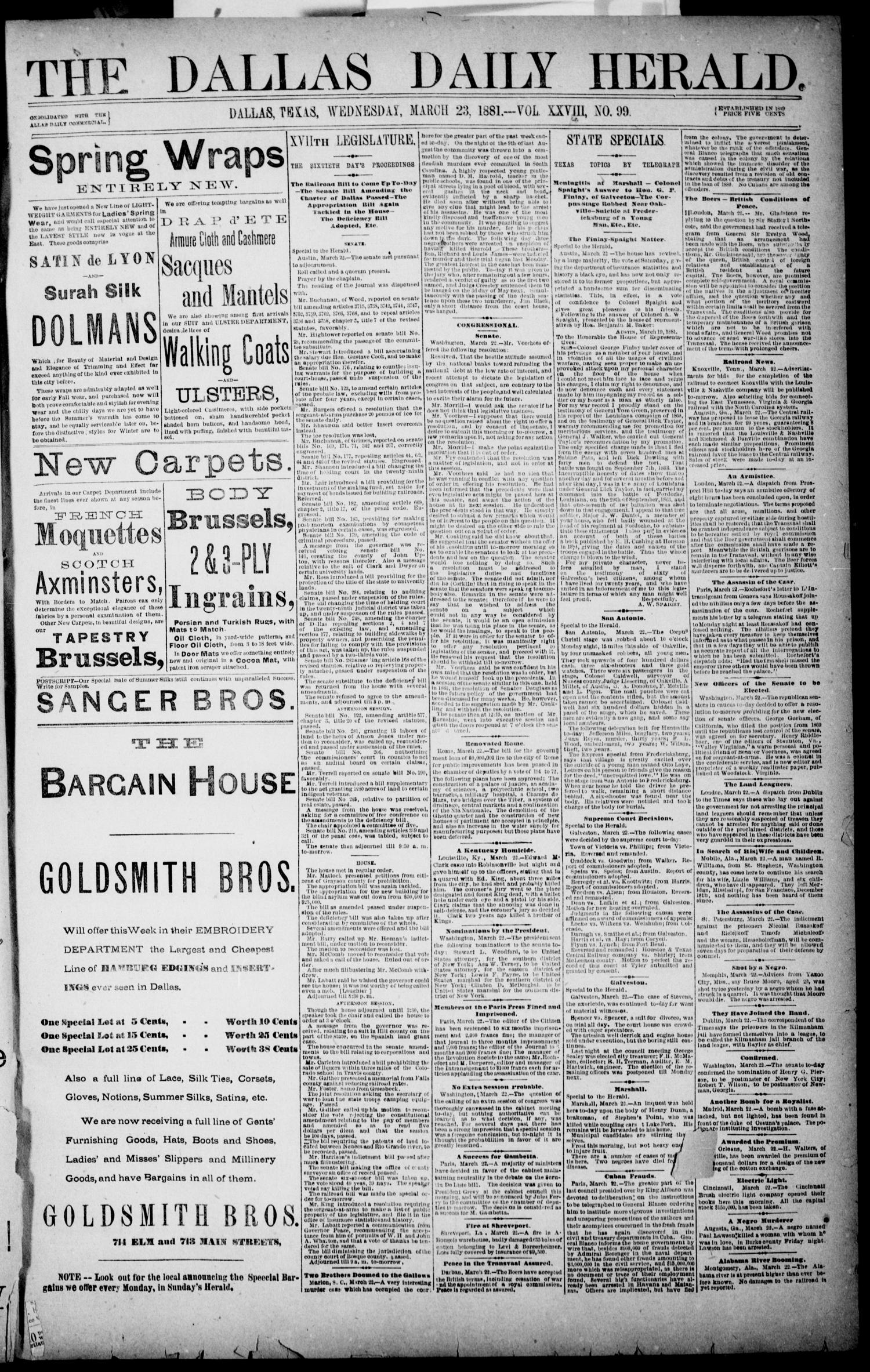 The Dallas Daily Herald. (Dallas, Tex.), Vol. XXIVII, No. 99, Ed. 1 Wednesday, March 23, 1881
                                                
                                                    [Sequence #]: 1 of 8
                                                