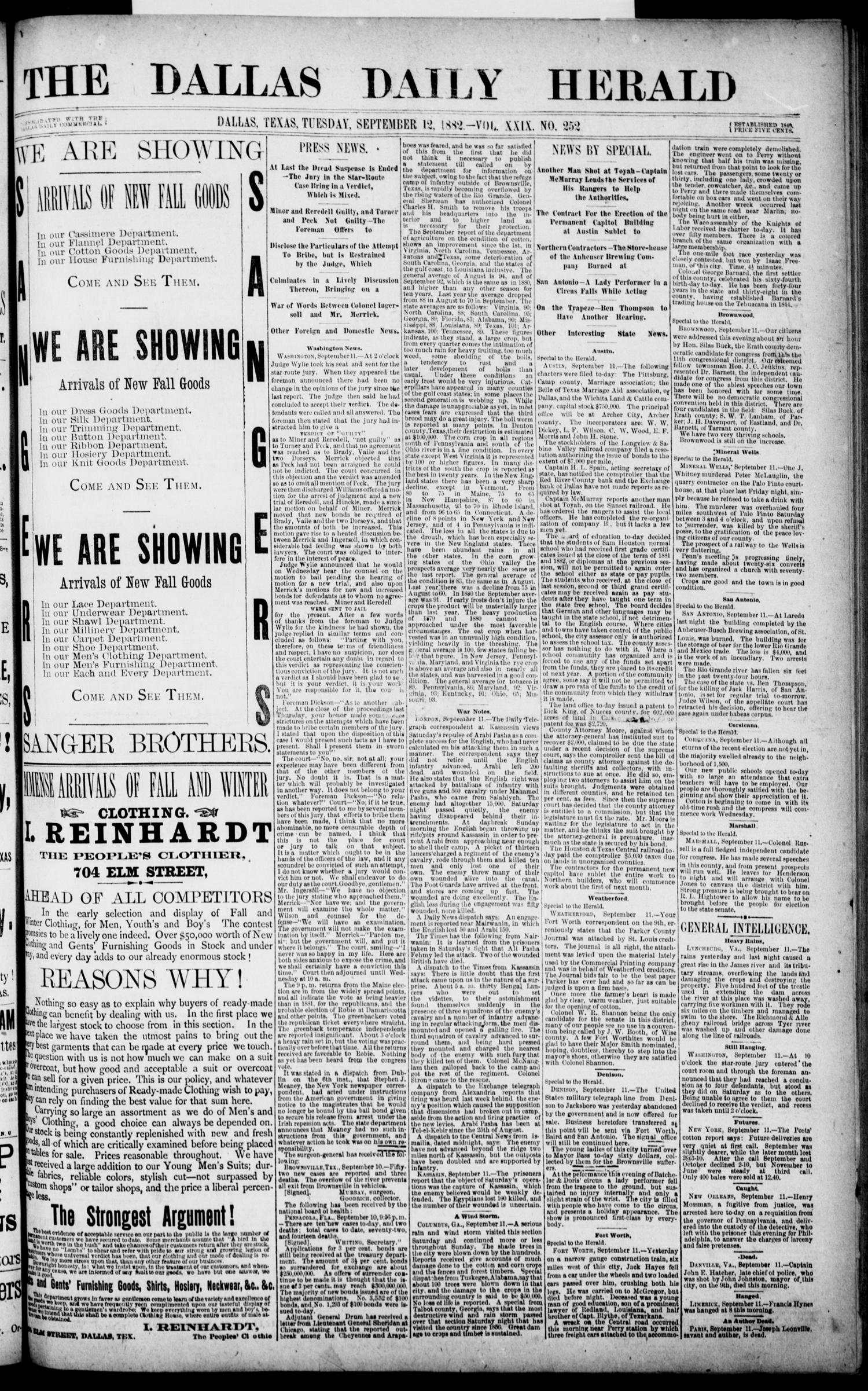 The Dallas Daily Herald. (Dallas, Tex.), Vol. 29, No. 252, Ed. 1 Tuesday, September 12, 1882
                                                
                                                    [Sequence #]: 1 of 8
                                                