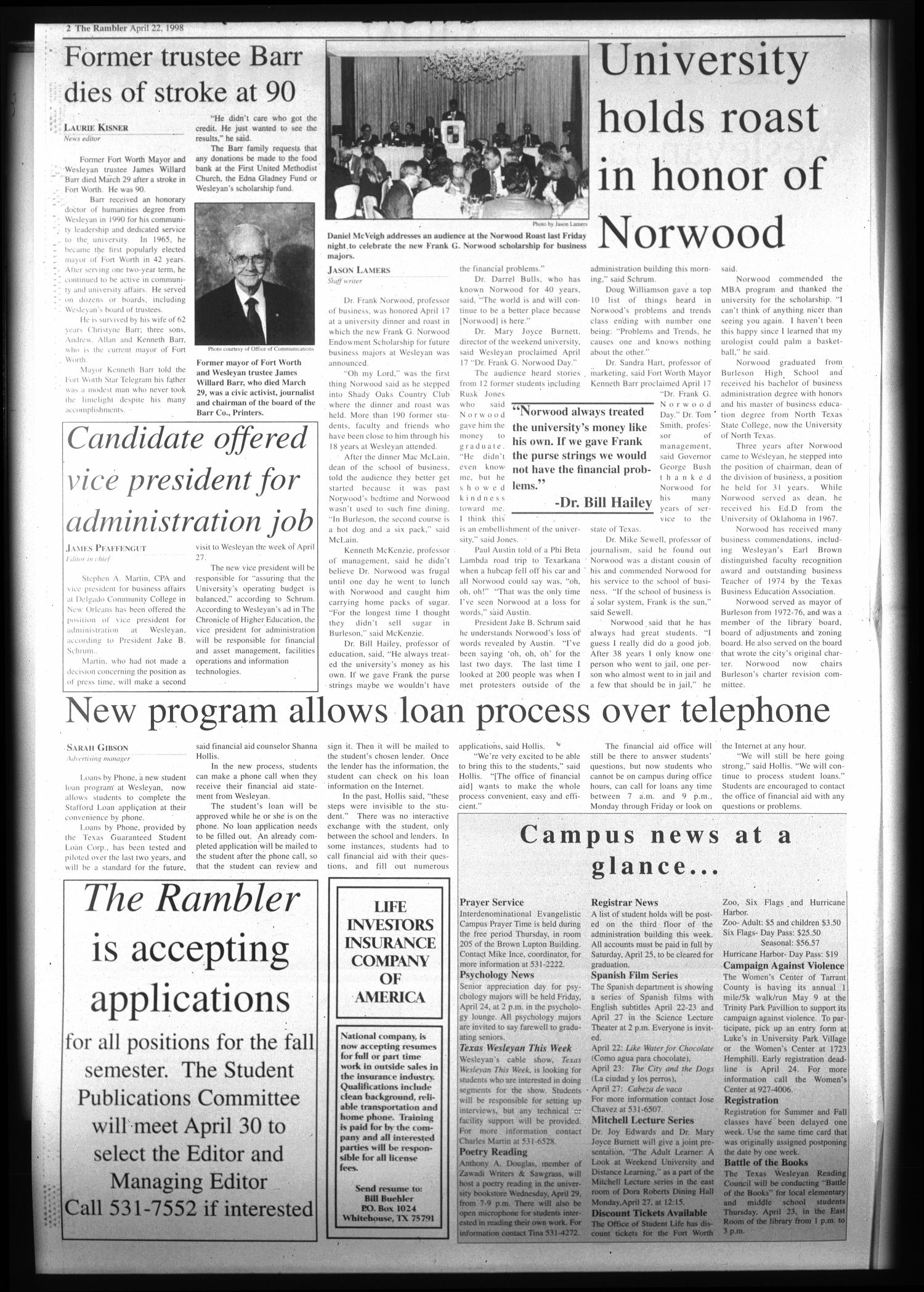 The Rambler (Fort Worth, Tex.), Vol. 81, No. 10, Ed. 1 Wednesday, April 22, 1998
                                                
                                                    [Sequence #]: 2 of 6
                                                