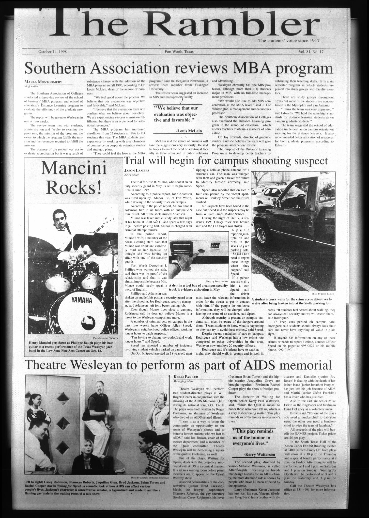 The Rambler (Fort Worth, Tex.), Vol. 81, No. 17, Ed. 1 Wednesday, October 14, 1998
                                                
                                                    [Sequence #]: 1 of 6
                                                