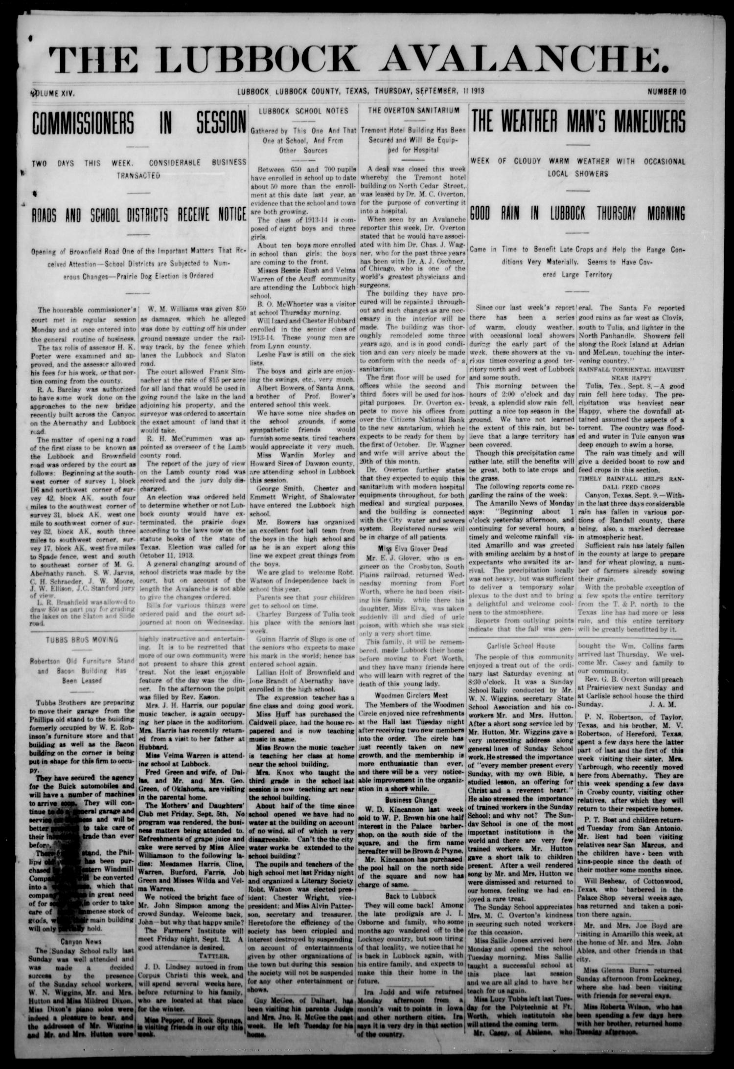 The Avalanche. (Lubbock, Texas), Vol. 14, No. 10, Ed. 1 Thursday, September 11, 1913
                                                
                                                    [Sequence #]: 1 of 12
                                                