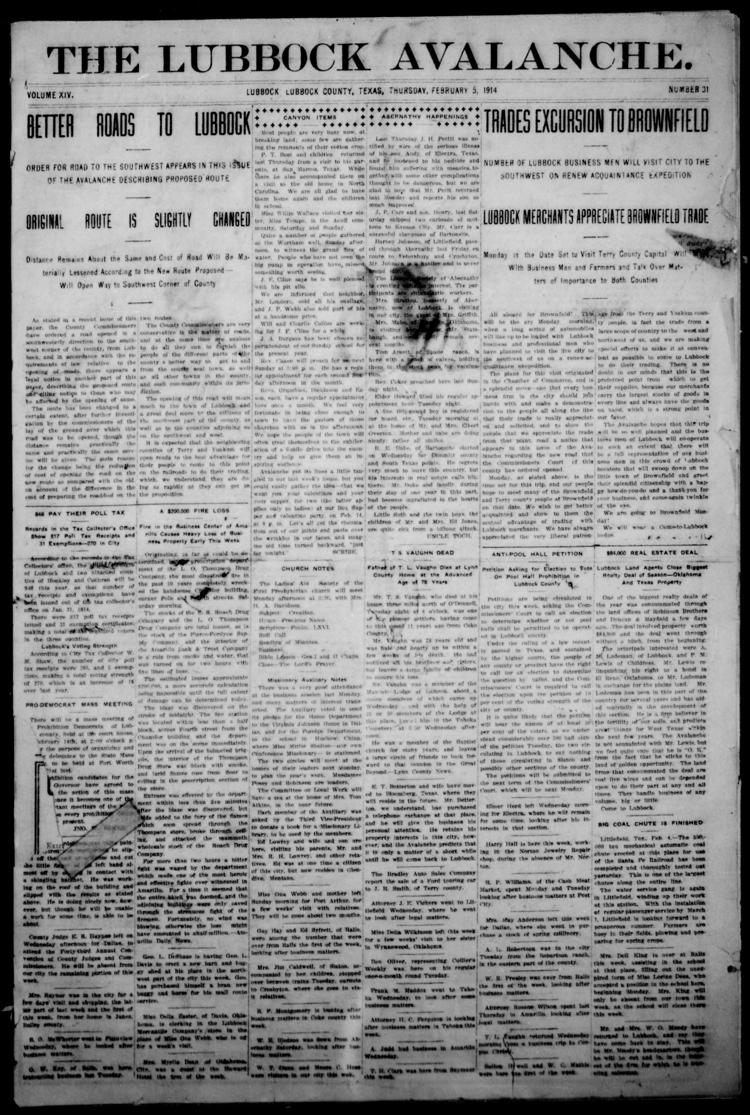 The Avalanche. (Lubbock, Texas), Vol. 14, No. 31, Ed. 1 Thursday, February 5, 1914
                                                
                                                    [Sequence #]: 1 of 12
                                                
