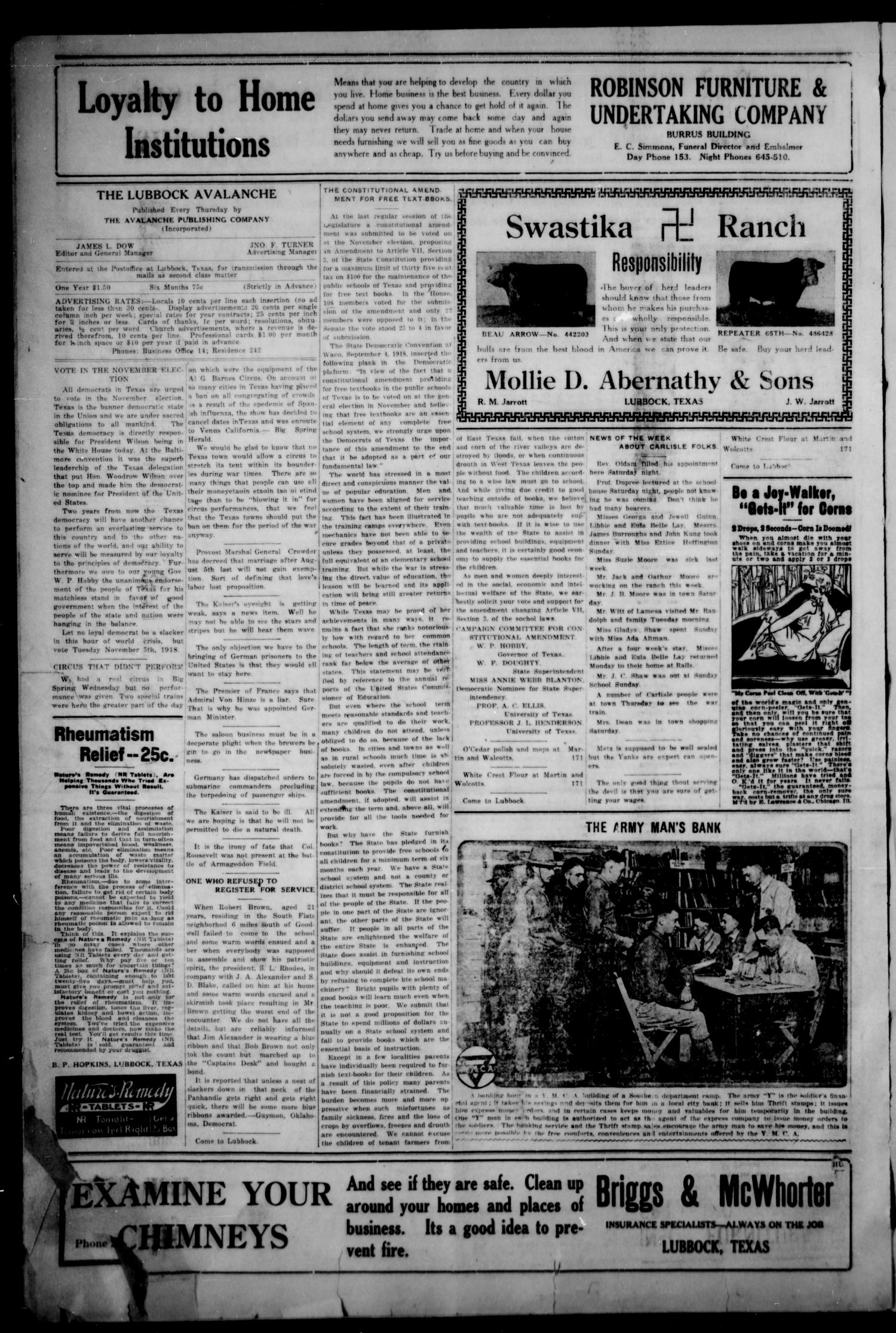 The Avalanche. (Lubbock, Texas), Vol. 19, No. 17, Ed. 1 Thursday, October 24, 1918
                                                
                                                    [Sequence #]: 12 of 16
                                                