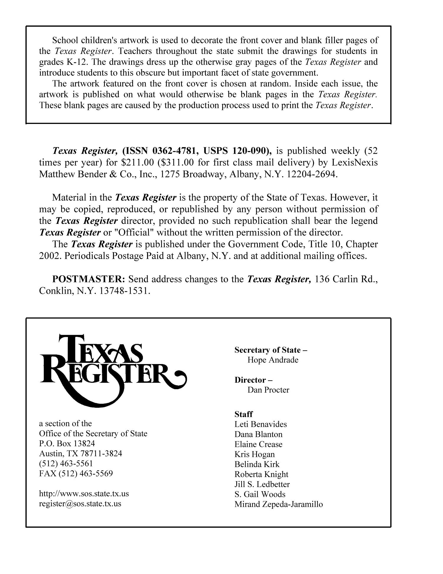 Texas Register, Volume 37, Number 38, Pages 7327-7532, September 21, 2012
                                                
                                                    7328
                                                