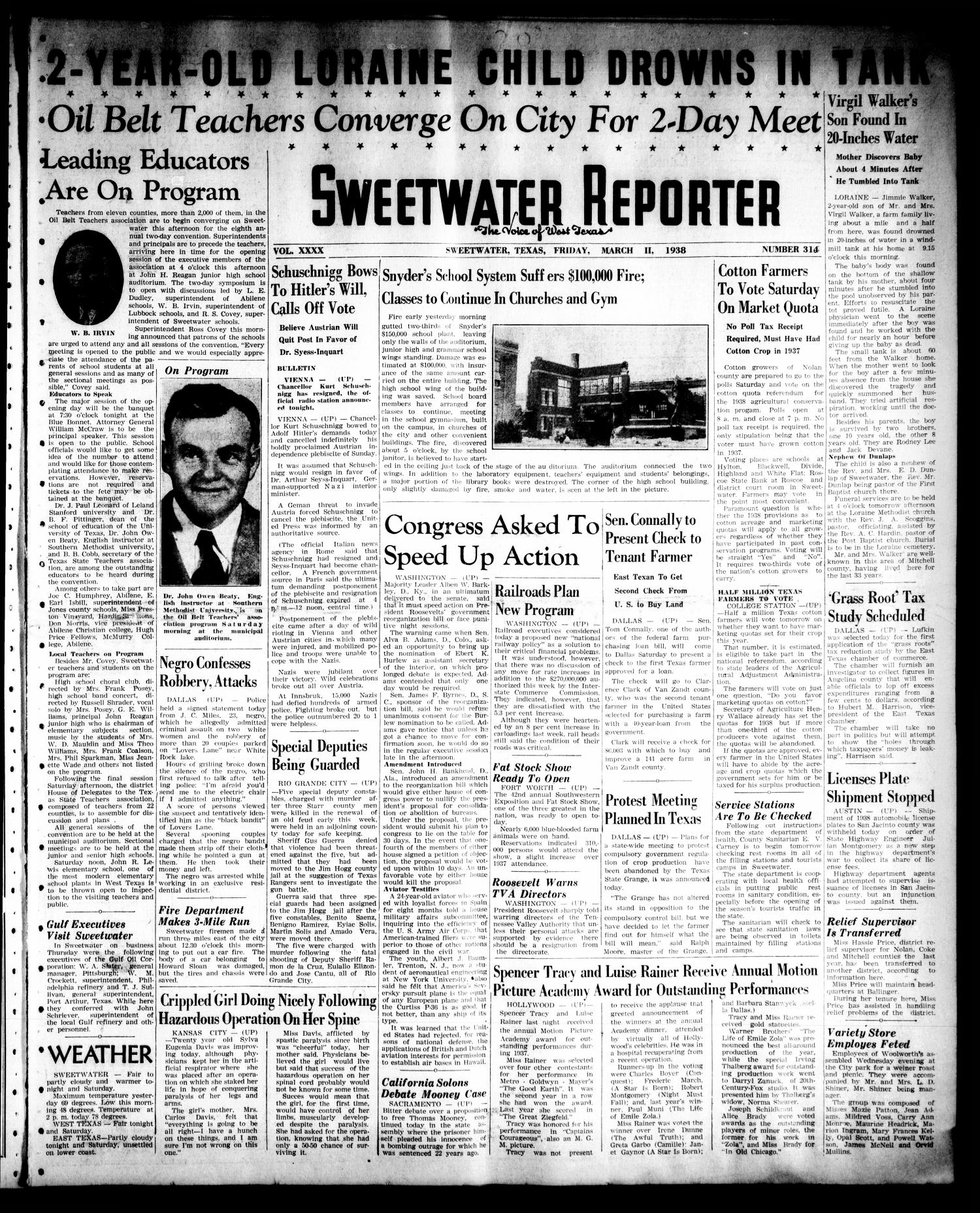 Sweetwater Reporter (Sweetwater, Tex.), Vol. 40, No. 315, Ed. 1 Friday, March 11, 1938
                                                
                                                    [Sequence #]: 1 of 10
                                                
