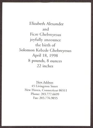 Primary view of object titled '[Card from Elizabeth and Ficre Ghebreyesus to Sterling Houston - April 1998]'.