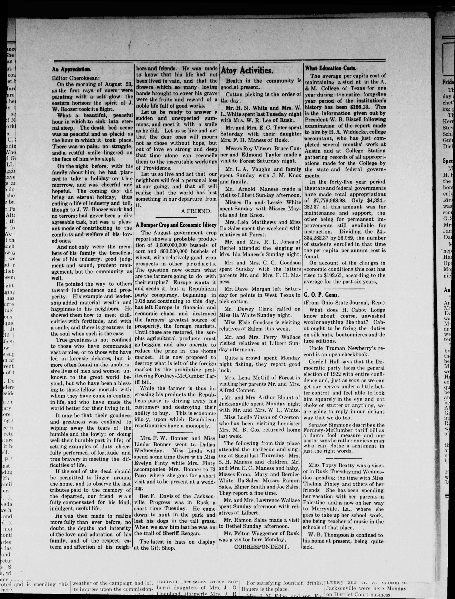 The Rusk Cherokeean (Rusk, Tex.), Vol. 4, No. 9, Ed. 1 Friday, September 1, 1922
                                                
                                                    [Sequence #]: 6 of 10
                                                