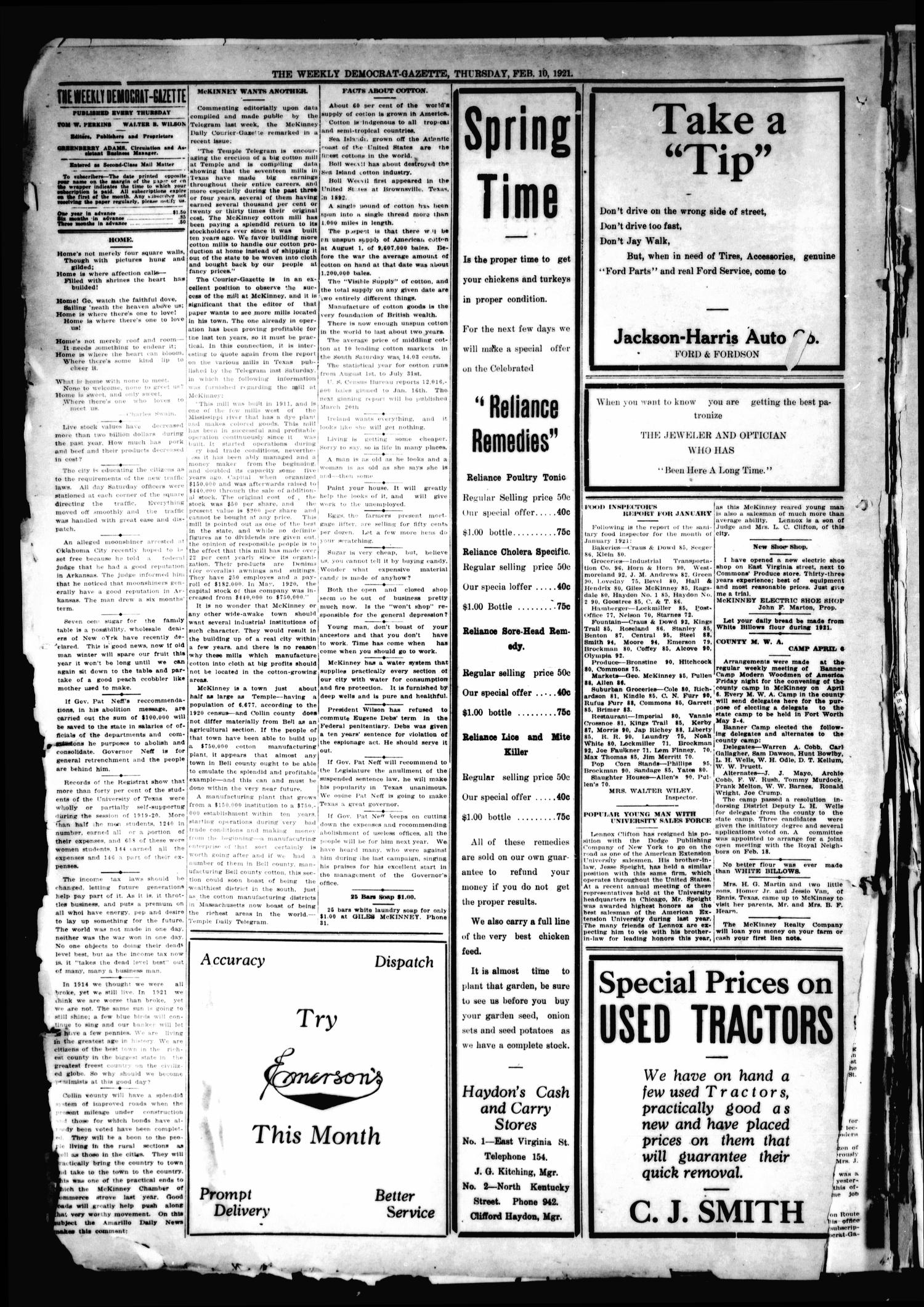 The Weekly Democrat-Gazette (McKinney, Tex.), Vol. 38, Ed. 1 Thursday, February 10, 1921
                                                
                                                    [Sequence #]: 10 of 16
                                                