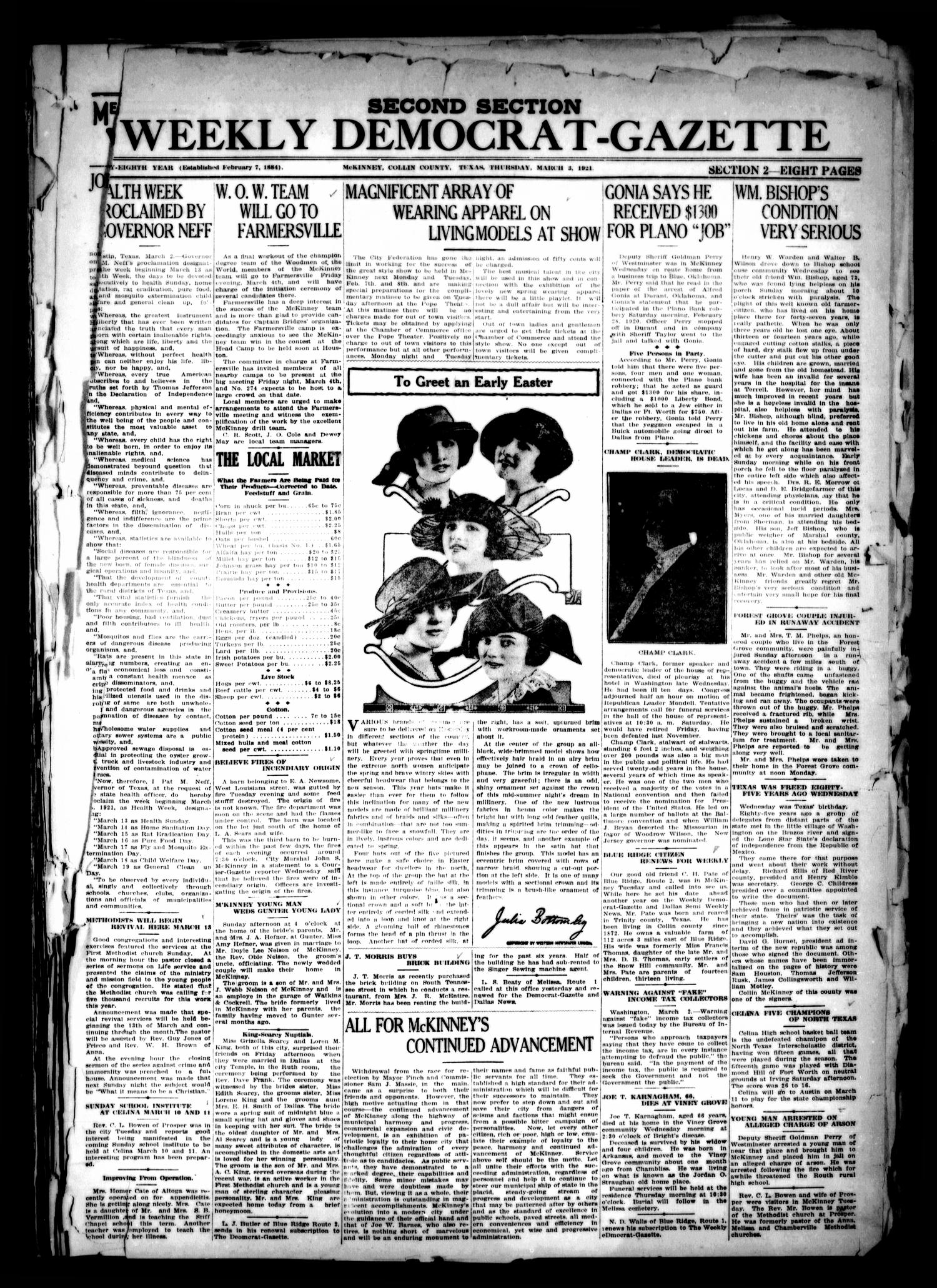 The Weekly Democrat-Gazette (McKinney, Tex.), Vol. 38, Ed. 1 Thursday, March 3, 1921
                                                
                                                    [Sequence #]: 1 of 16
                                                