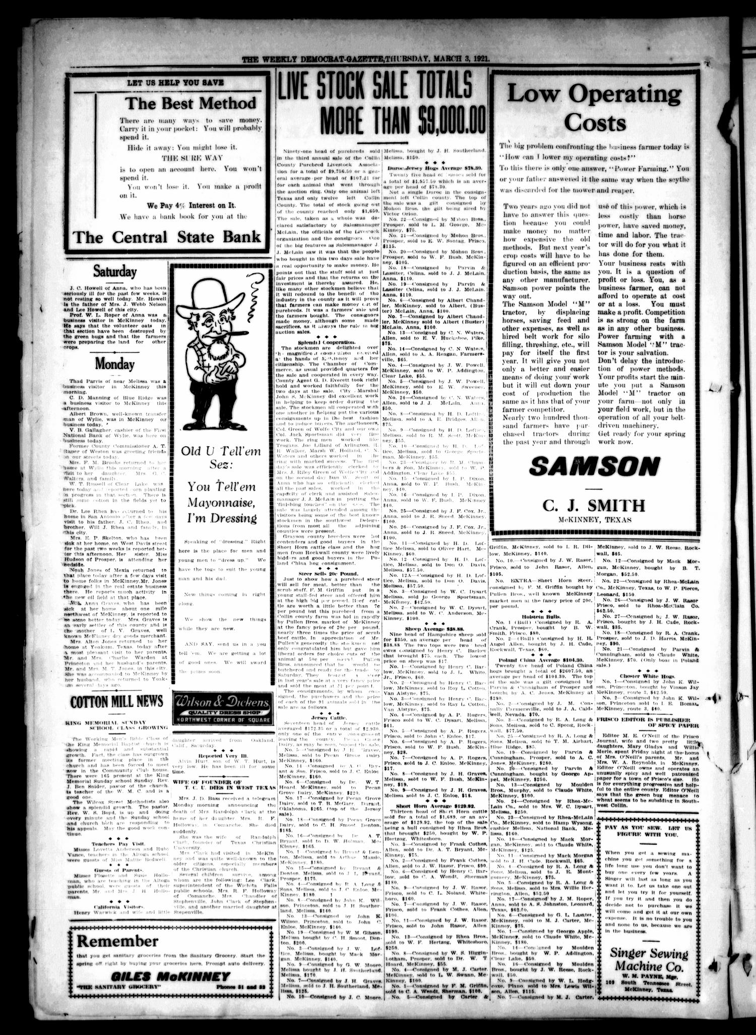 The Weekly Democrat-Gazette (McKinney, Tex.), Vol. 38, Ed. 1 Thursday, March 3, 1921
                                                
                                                    [Sequence #]: 14 of 16
                                                