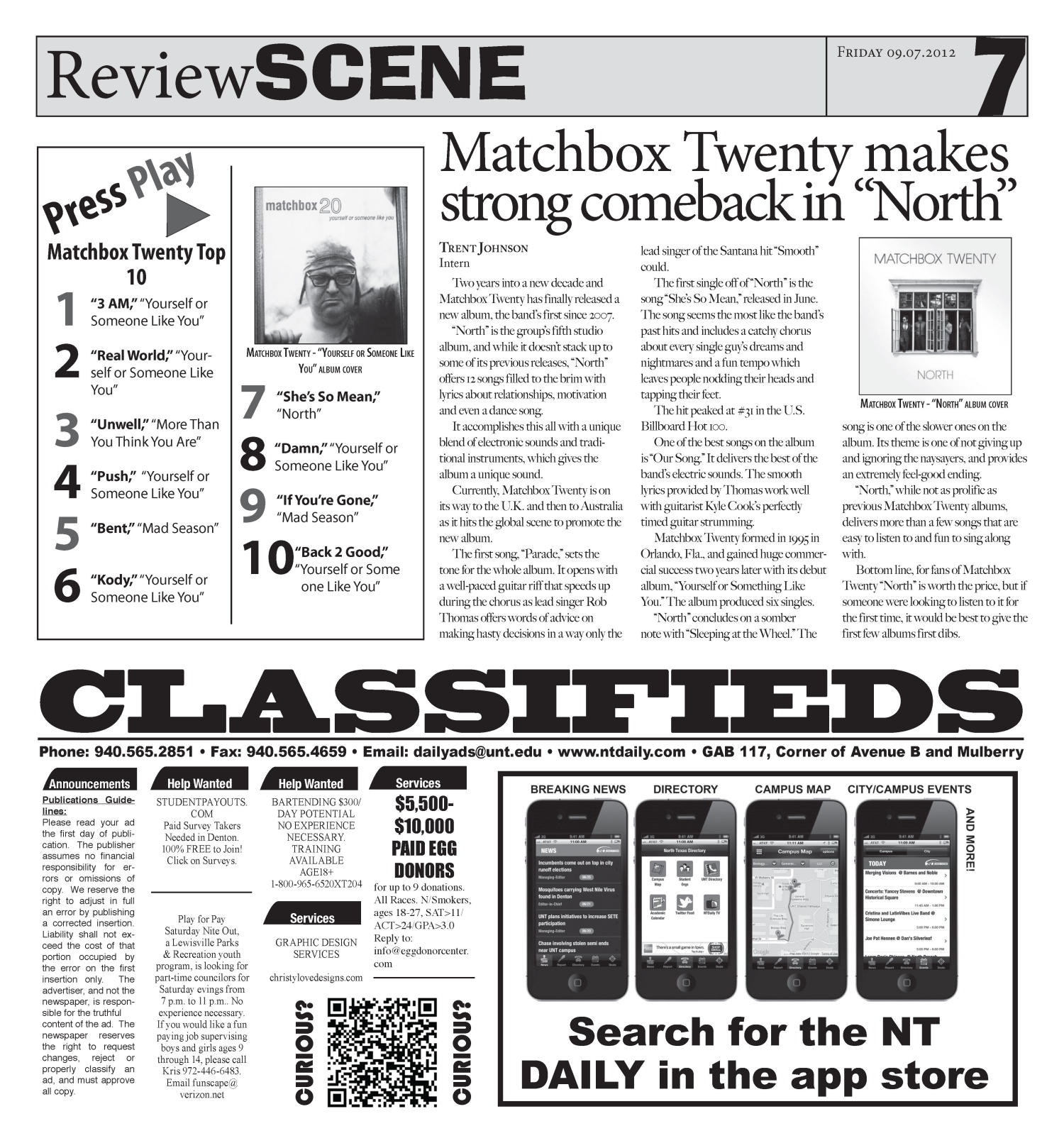 Scene: North Texas Daily (Denton, Tex.), Vol. 100, No. 2, Ed. 1 Friday, September 7, 2012
                                                
                                                    [Sequence #]: 7 of 8
                                                