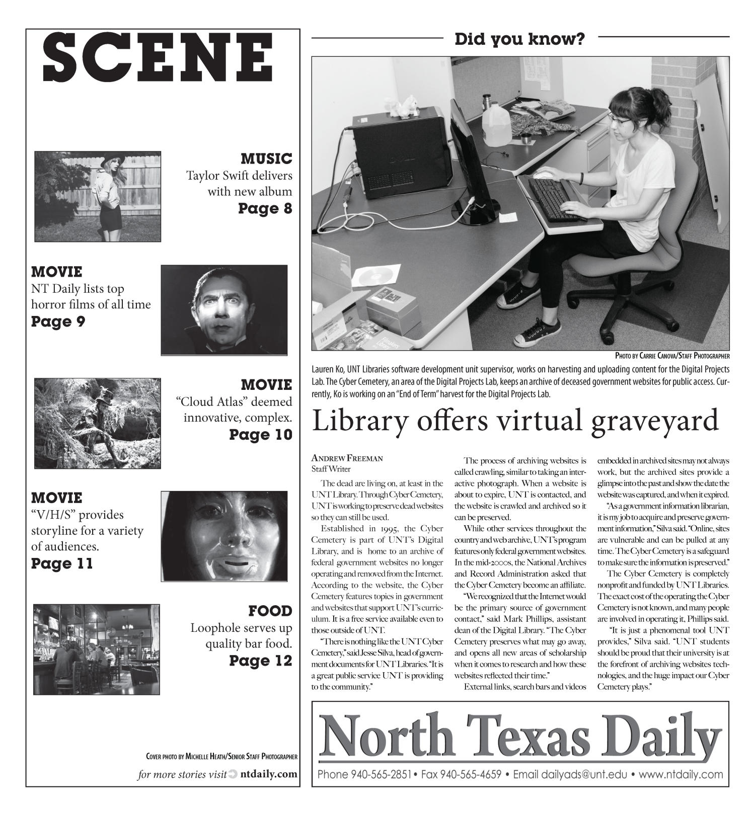 Scene: North Texas Daily (Denton, Tex.), Vol. 100, No. 9, Ed. 1 Friday, October 26, 2012
                                                
                                                    [Sequence #]: 2 of 12
                                                