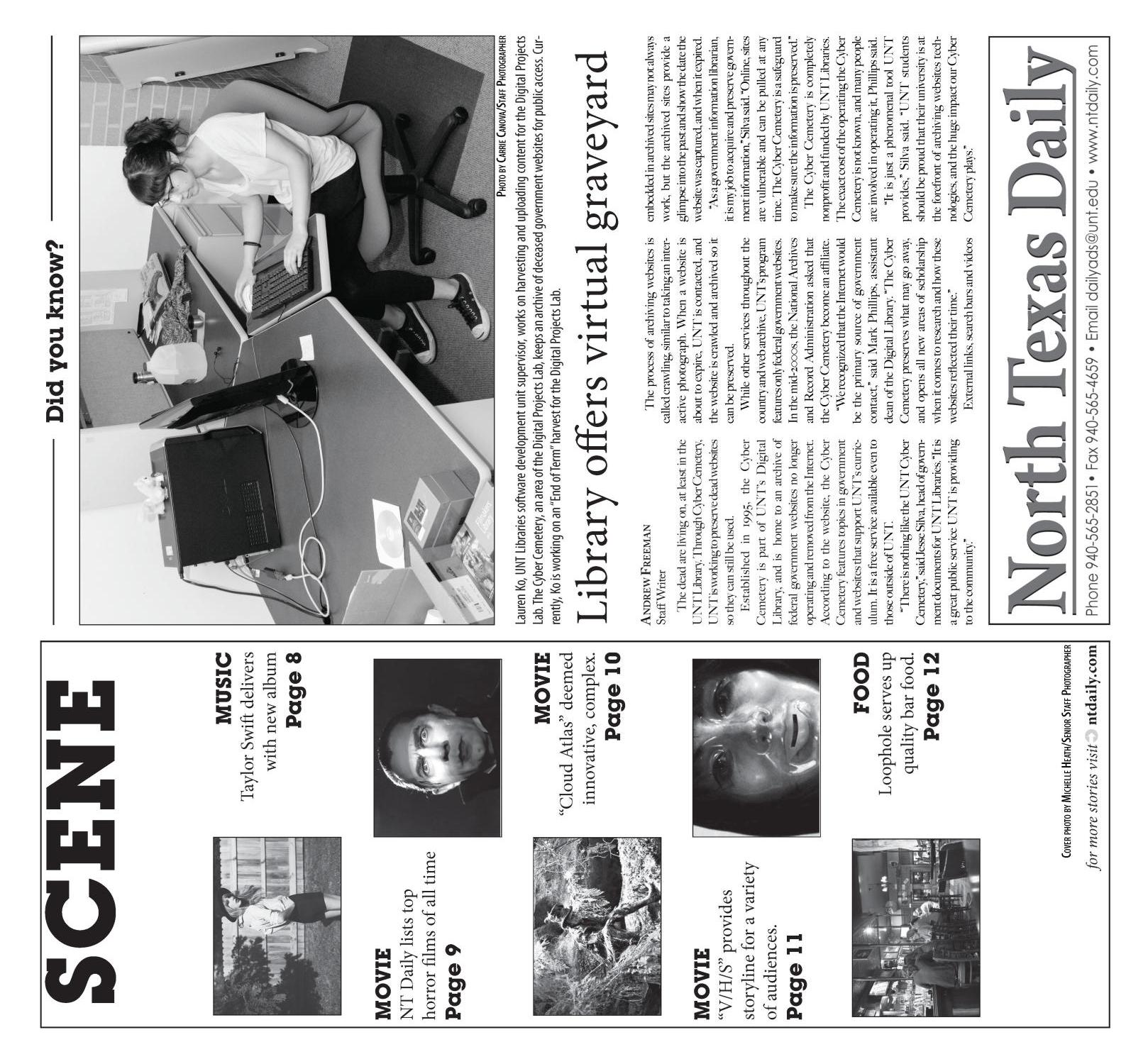 Scene: North Texas Daily (Denton, Tex.), Vol. 100, No. 9, Ed. 1 Friday, October 26, 2012
                                                
                                                    [Sequence #]: 2 of 12
                                                