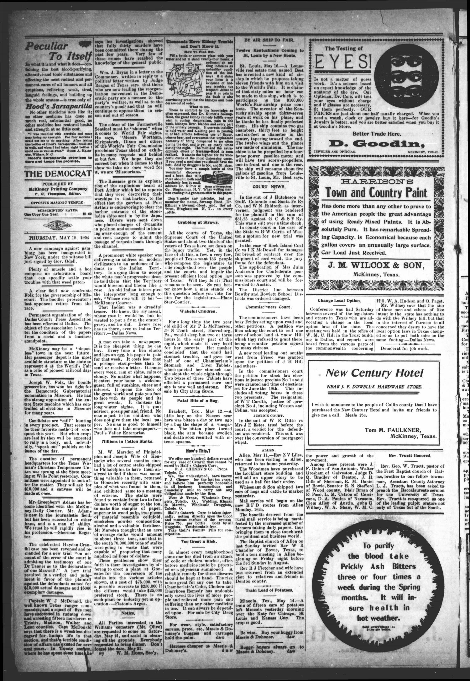 The Democrat (McKinney, Tex.), Vol. 21, No. 16, Ed. 1 Thursday, May 19, 1904
                                                
                                                    [Sequence #]: 6 of 12
                                                