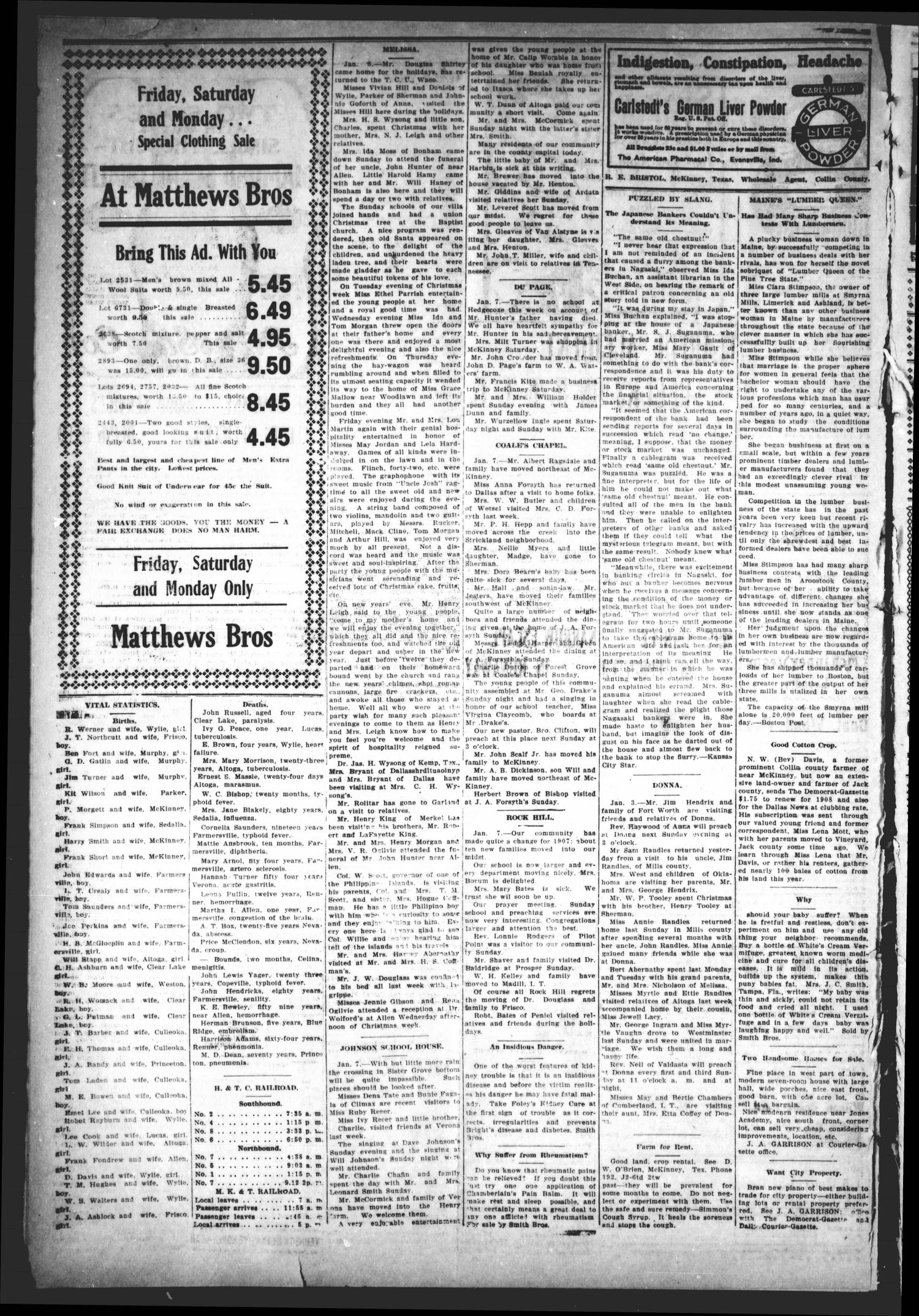 The Weekly Democrat-Gazette (McKinney, Tex.), Vol. 23, No. 49, Ed. 1 Thursday, January 10, 1907
                                                
                                                    [Sequence #]: 14 of 16
                                                