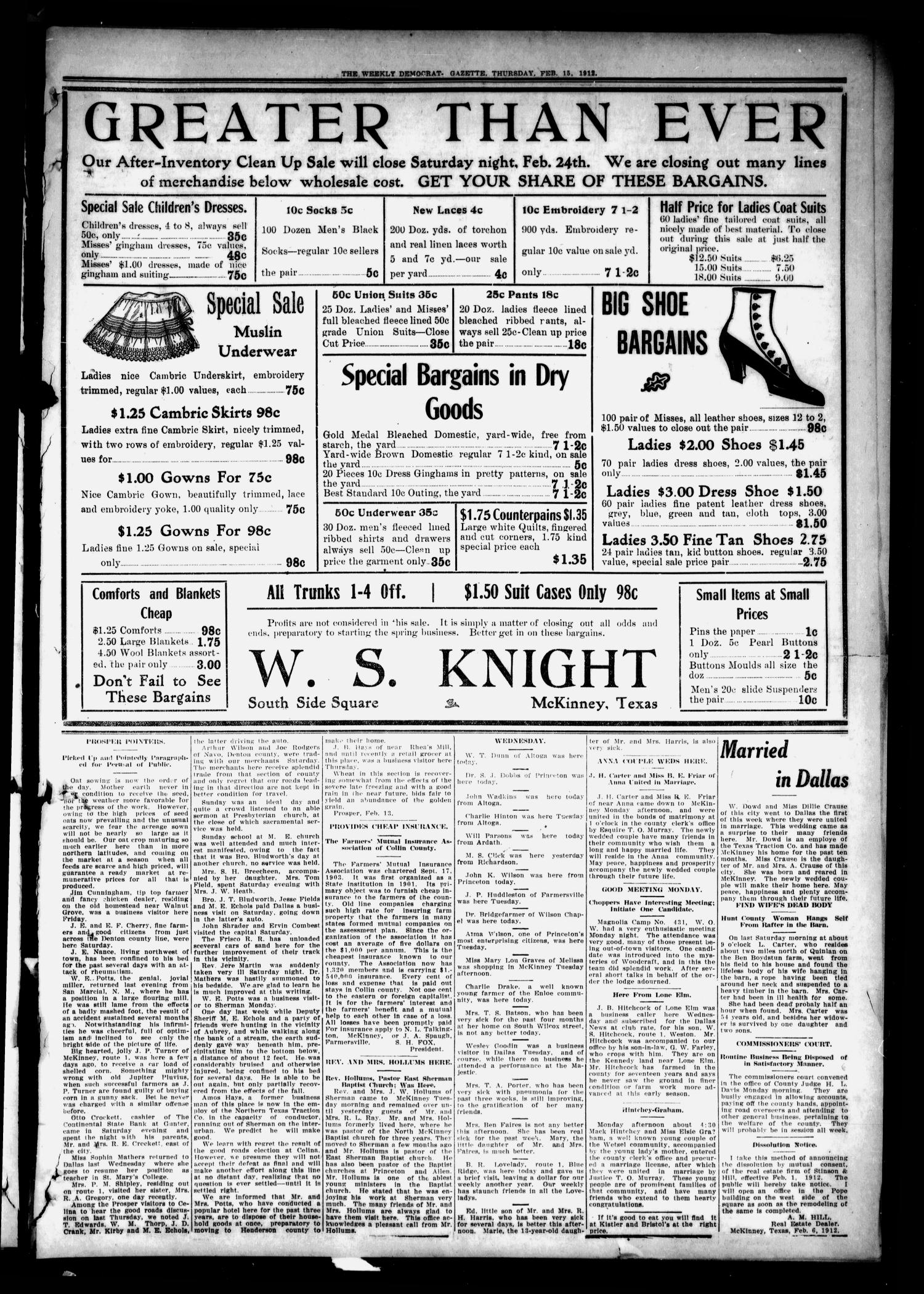 The Weekly Democrat-Gazette (McKinney, Tex.), Vol. 29, No. 3, Ed. 1 Thursday, February 15, 1912
                                                
                                                    [Sequence #]: 7 of 12
                                                
