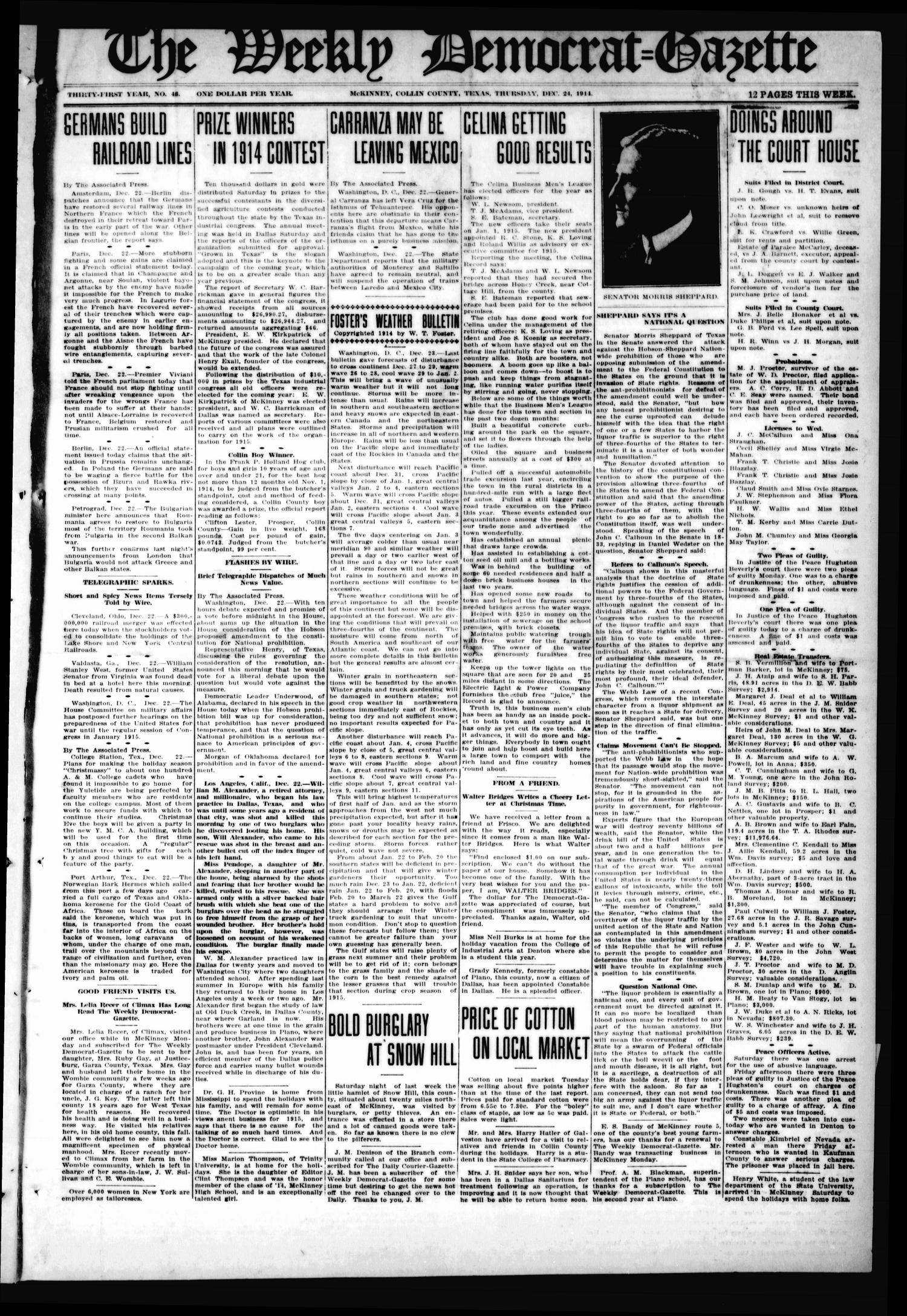 The Weekly Democrat-Gazette (McKinney, Tex.), Vol. 31, No. 46, Ed. 1 Thursday, December 24, 1914
                                                
                                                    [Sequence #]: 1 of 12
                                                
