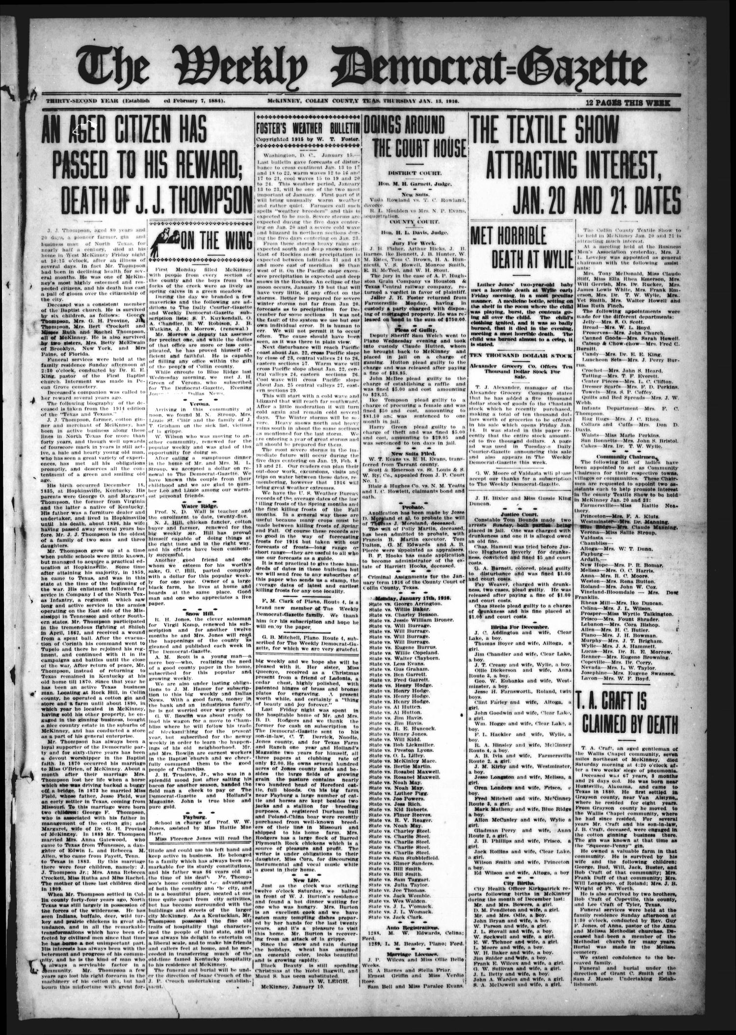 The Weekly Democrat-Gazette (McKinney, Tex.), Vol. 32, Ed. 1 Thursday, January 13, 1916
                                                
                                                    [Sequence #]: 1 of 12
                                                