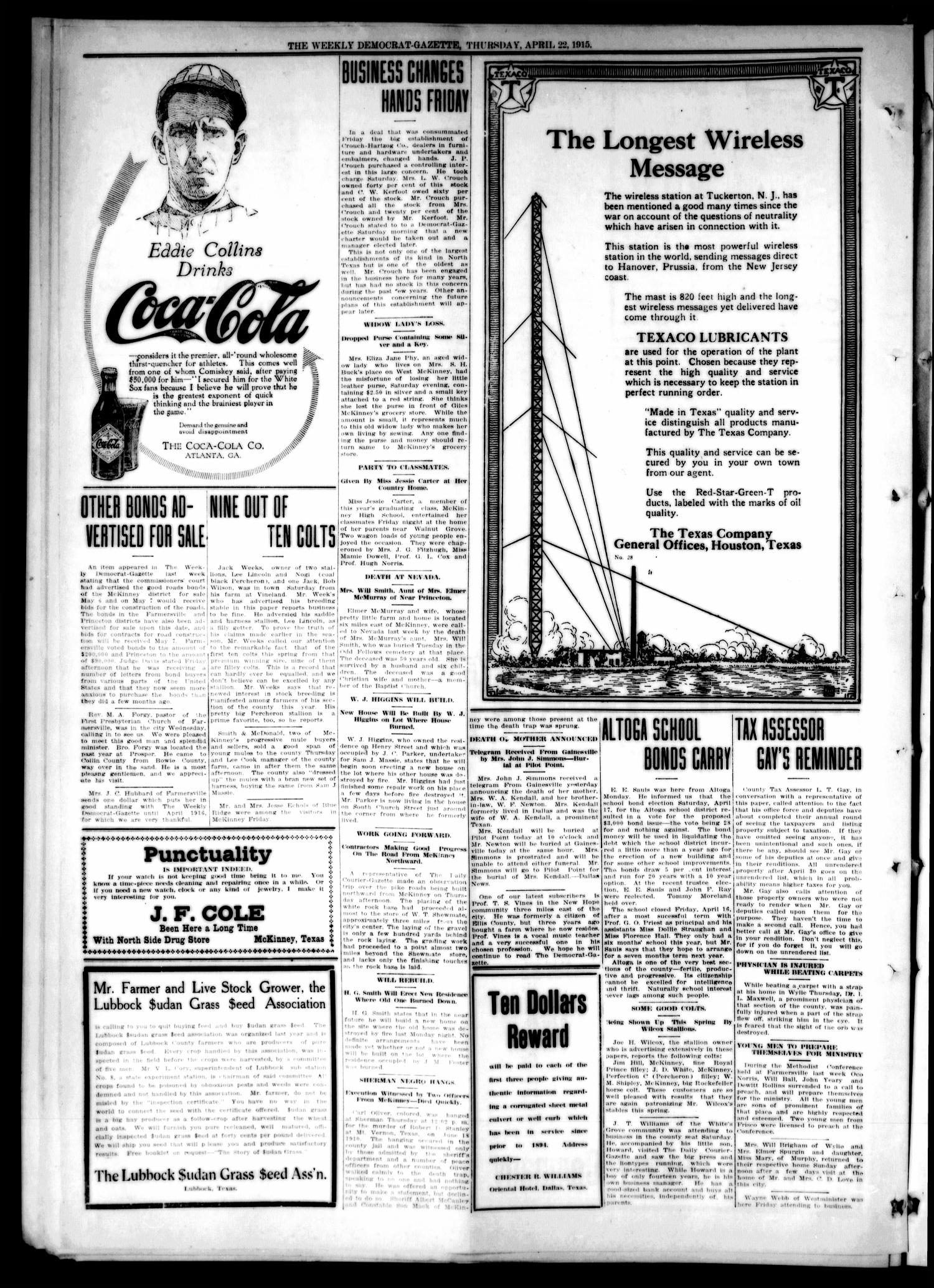 The Weekly Democrat-Gazette (McKinney, Tex.), Vol. 32, Ed. 1 Thursday, April 22, 1915
                                                
                                                    [Sequence #]: 10 of 12
                                                
