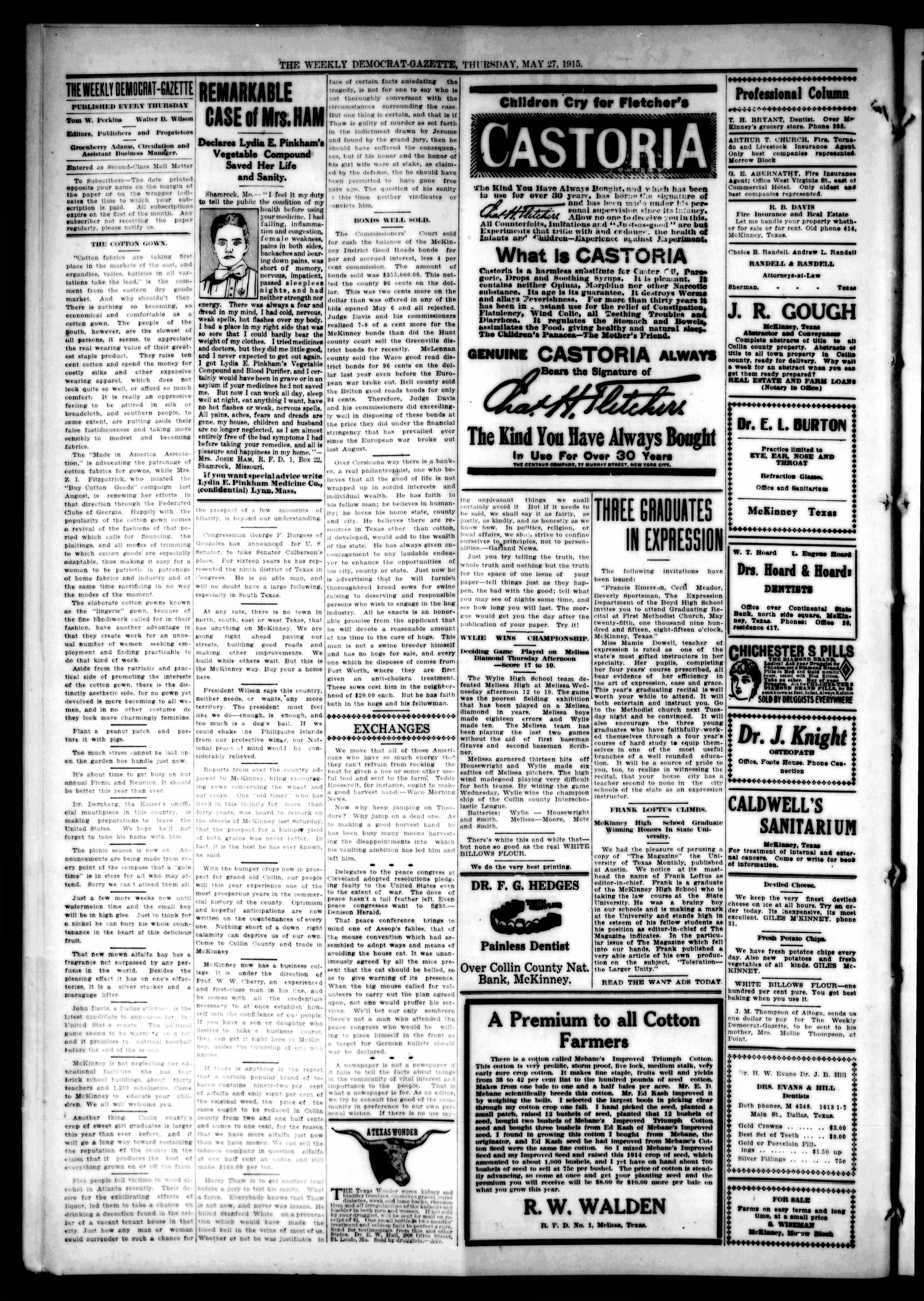 The Weekly Democrat-Gazette (McKinney, Tex.), Vol. 32, Ed. 1 Thursday, May 27, 1915
                                                
                                                    [Sequence #]: 2 of 12
                                                