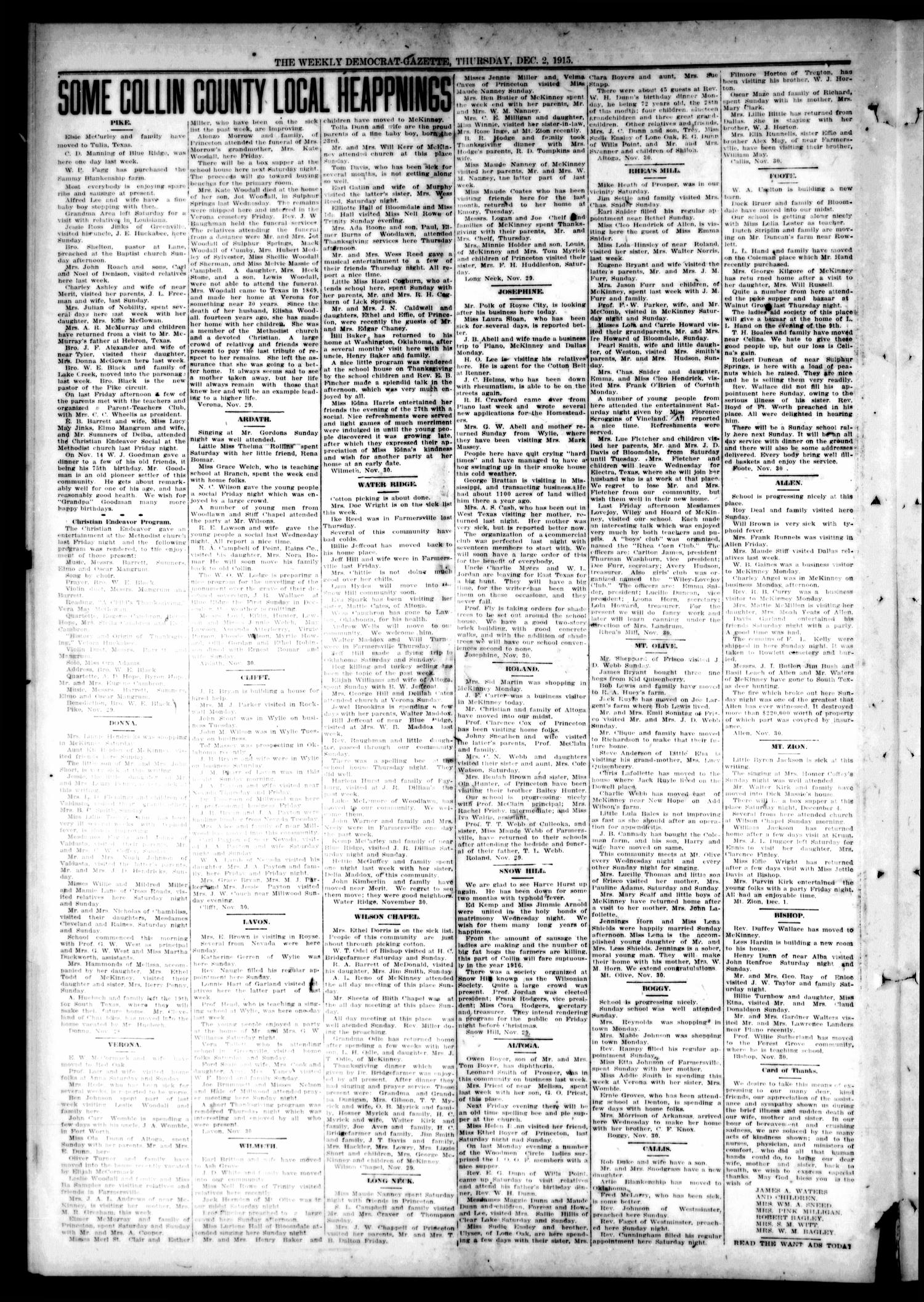 The Weekly Democrat-Gazette (McKinney, Tex.), Vol. 32, Ed. 1 Thursday, December 2, 1915
                                                
                                                    [Sequence #]: 6 of 12
                                                