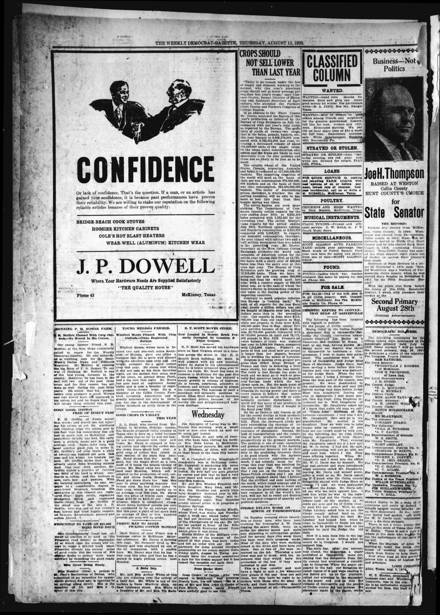 The Weekly Democrat-Gazette (McKinney, Tex.), Vol. 37, Ed. 1 Thursday, August 12, 1920
                                                
                                                    [Sequence #]: 12 of 12
                                                