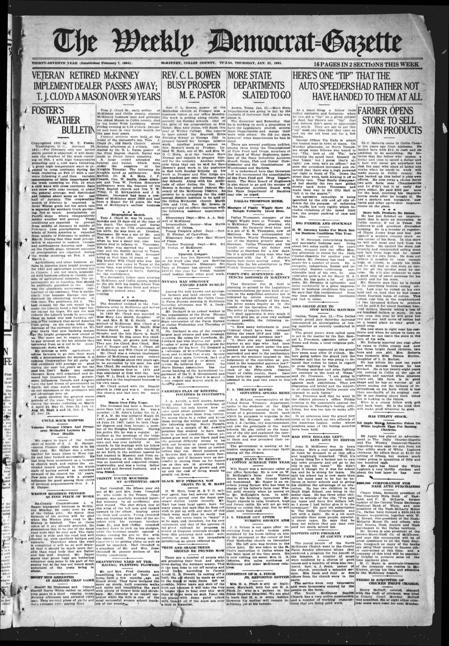 The Weekly Democrat-Gazette (McKinney, Tex.), Vol. 37, Ed. 1 Thursday, January 27, 1921
                                                
                                                    [Sequence #]: 1 of 16
                                                