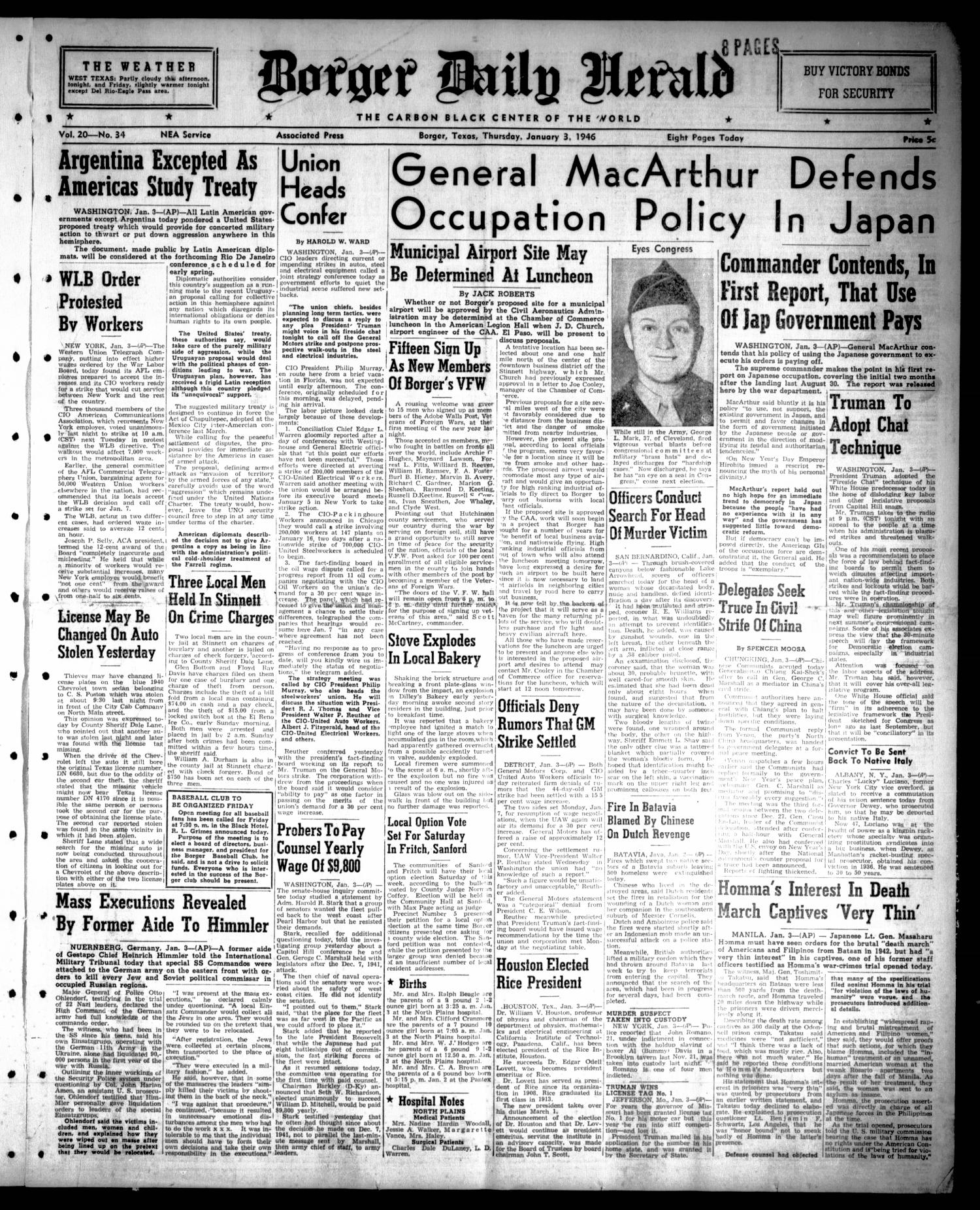 Borger Daily Herald (Borger, Tex.), Vol. 20, No. 34, Ed. 1 Thursday, January 3, 1946
                                                
                                                    [Sequence #]: 1 of 8
                                                