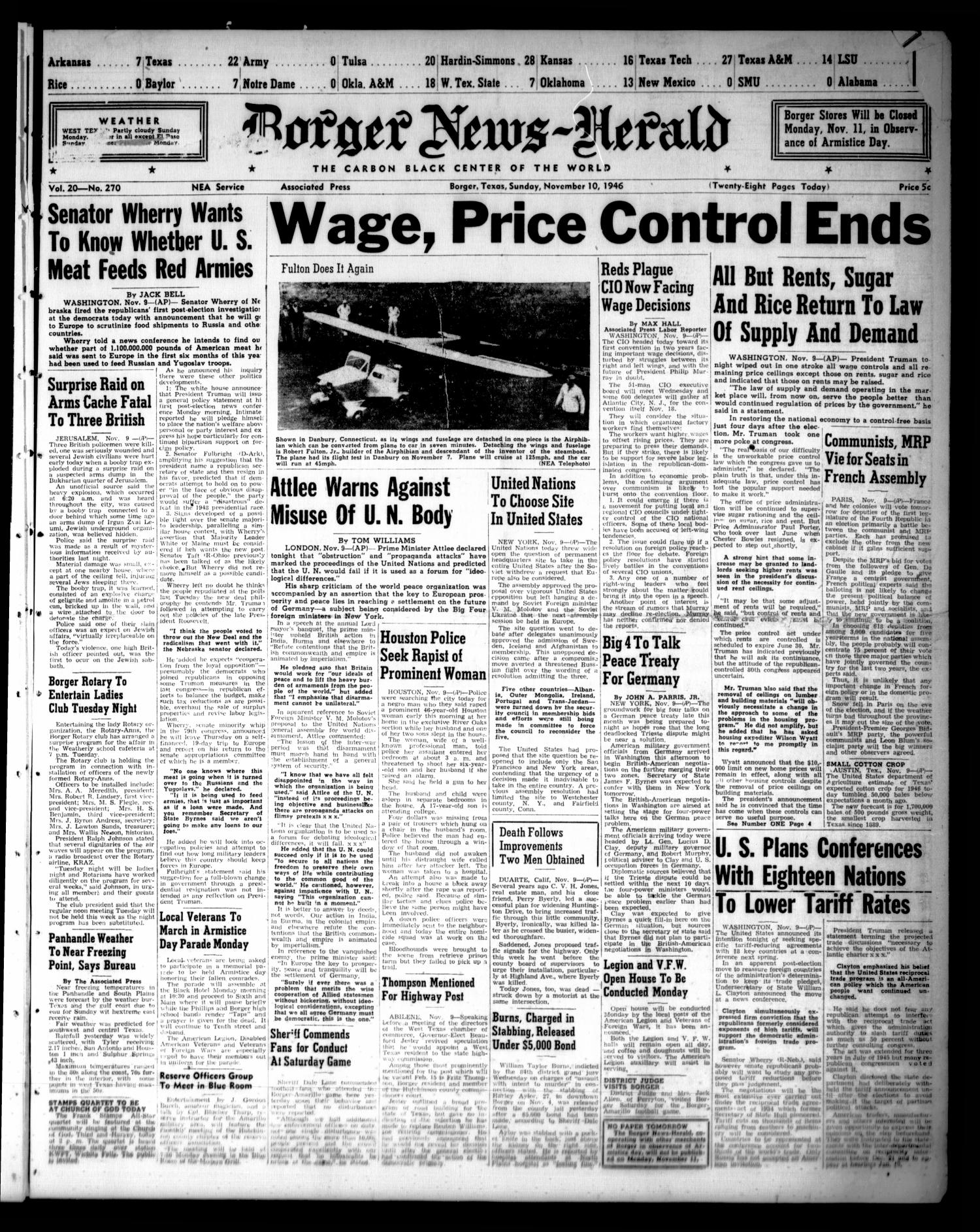Borger-News Herald (Borger, Tex.), Vol. 20, No. 270, Ed. 1 Sunday, November 10, 1946
                                                
                                                    [Sequence #]: 1 of 28
                                                