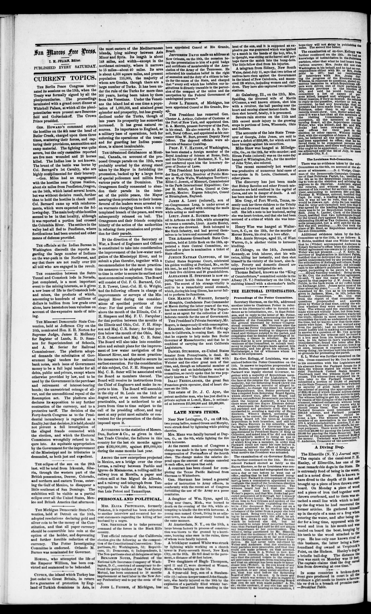 San Marcos Free Press. (San Marcos, Tex.), Vol. 7, No. 38, Ed. 1 Saturday, July 27, 1878
                                                
                                                    [Sequence #]: 2 of 8
                                                