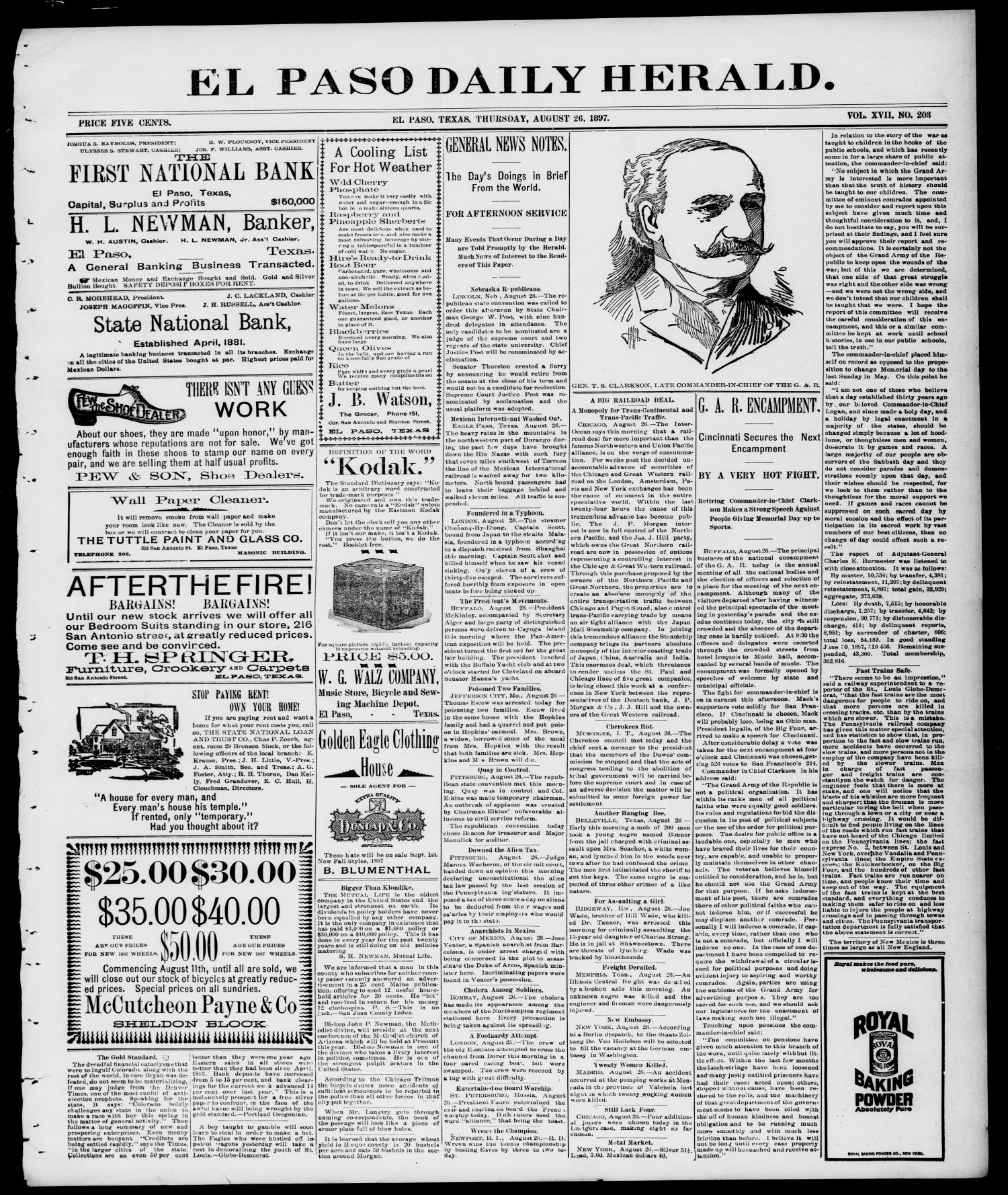 El Paso Daily Herald. (El Paso, Tex.), Vol. 17, No. 203, Ed. 1 Thursday, August 26, 1897
                                                
                                                    [Sequence #]: 1 of 4
                                                