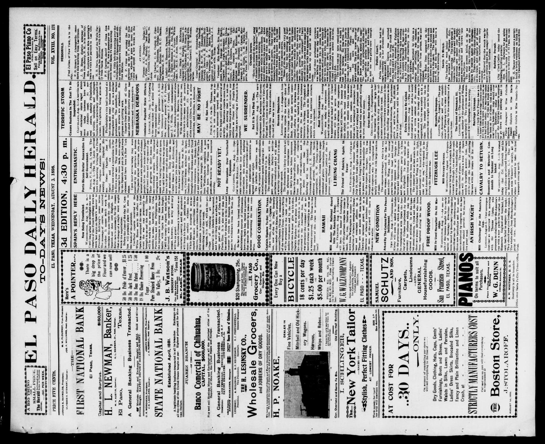 El Paso Daily Herald. (El Paso, Tex.), Vol. 18, No. 171, Ed. 1 Wednesday, August 3, 1898
                                                
                                                    [Sequence #]: 1 of 4
                                                