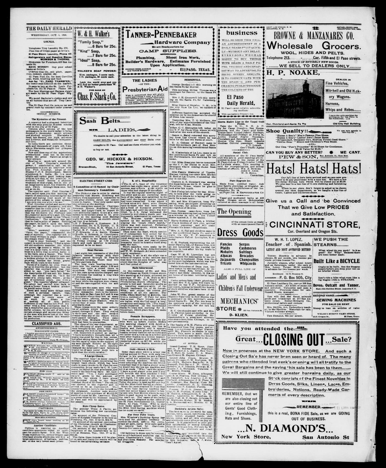El Paso Daily Herald. (El Paso, Tex.), Vol. 18, No. 225, Ed. 1 Wednesday, October 5, 1898
                                                
                                                    [Sequence #]: 4 of 4
                                                