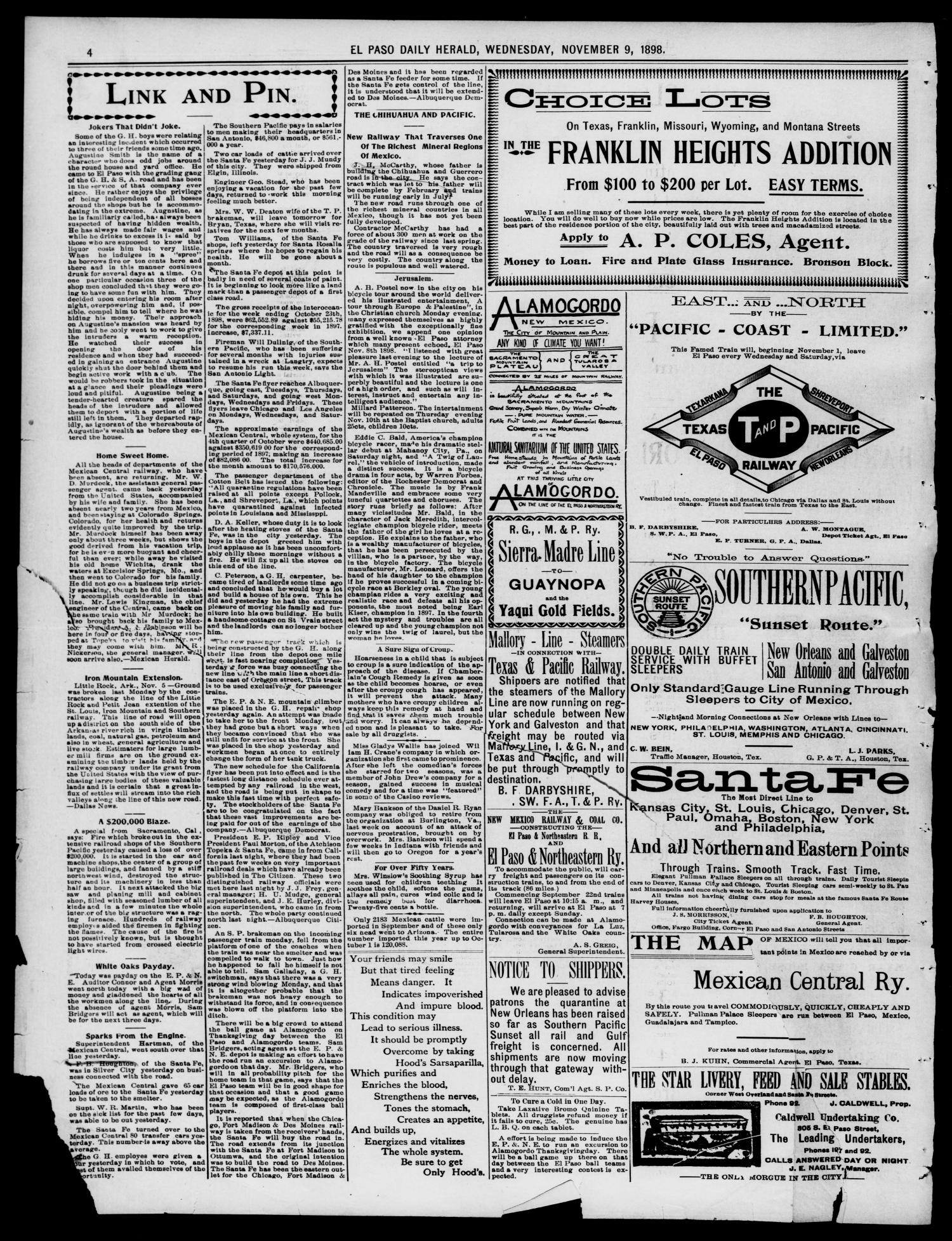 El Paso Daily Herald. (El Paso, Tex.), Vol. 18, No. 254, Ed. 1 Wednesday, November 9, 1898
                                                
                                                    [Sequence #]: 4 of 8
                                                