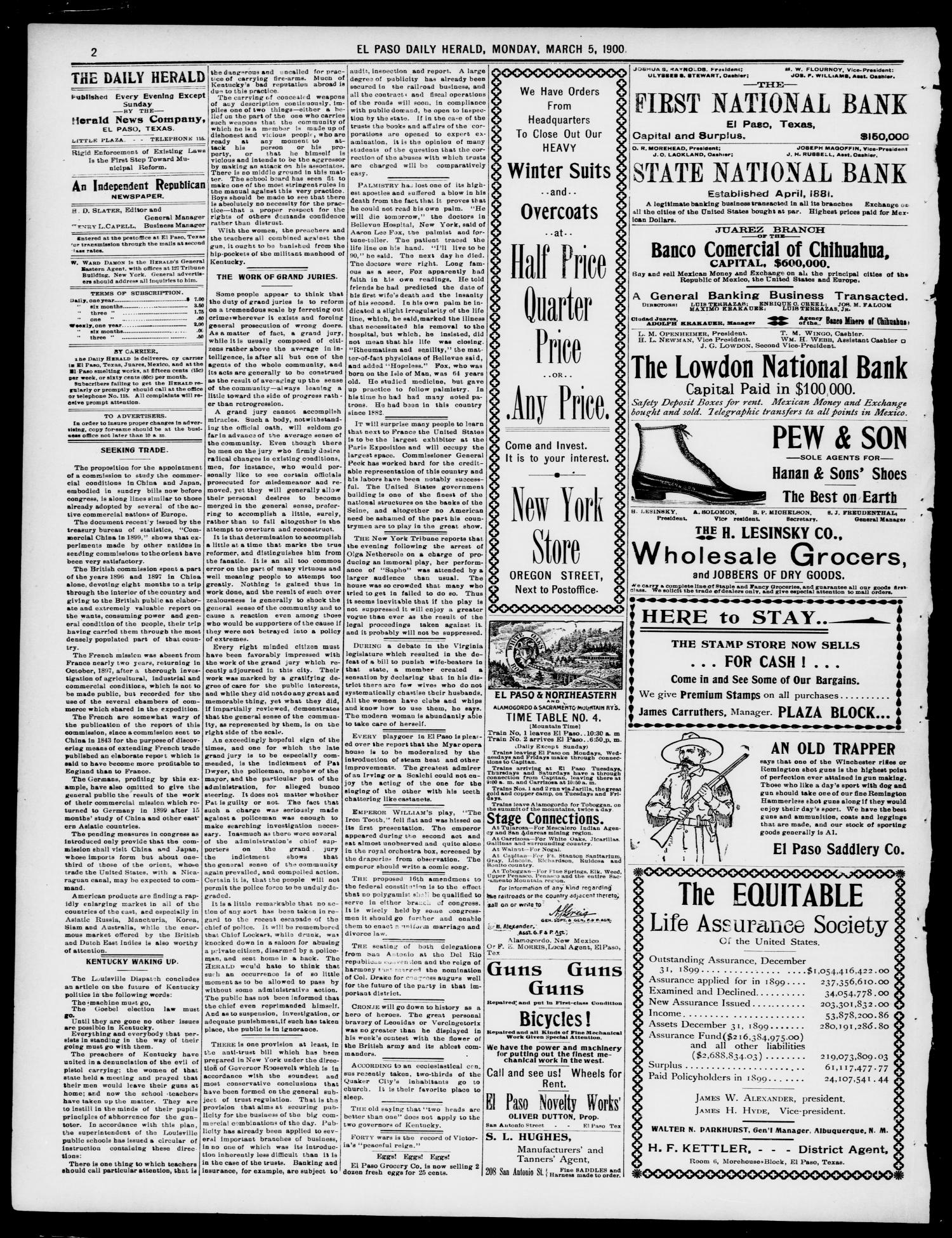 El Paso Daily Herald. (El Paso, Tex.), Vol. 20TH YEAR, No. 53, Ed. 1 Monday, March 5, 1900
                                                
                                                    [Sequence #]: 2 of 8
                                                